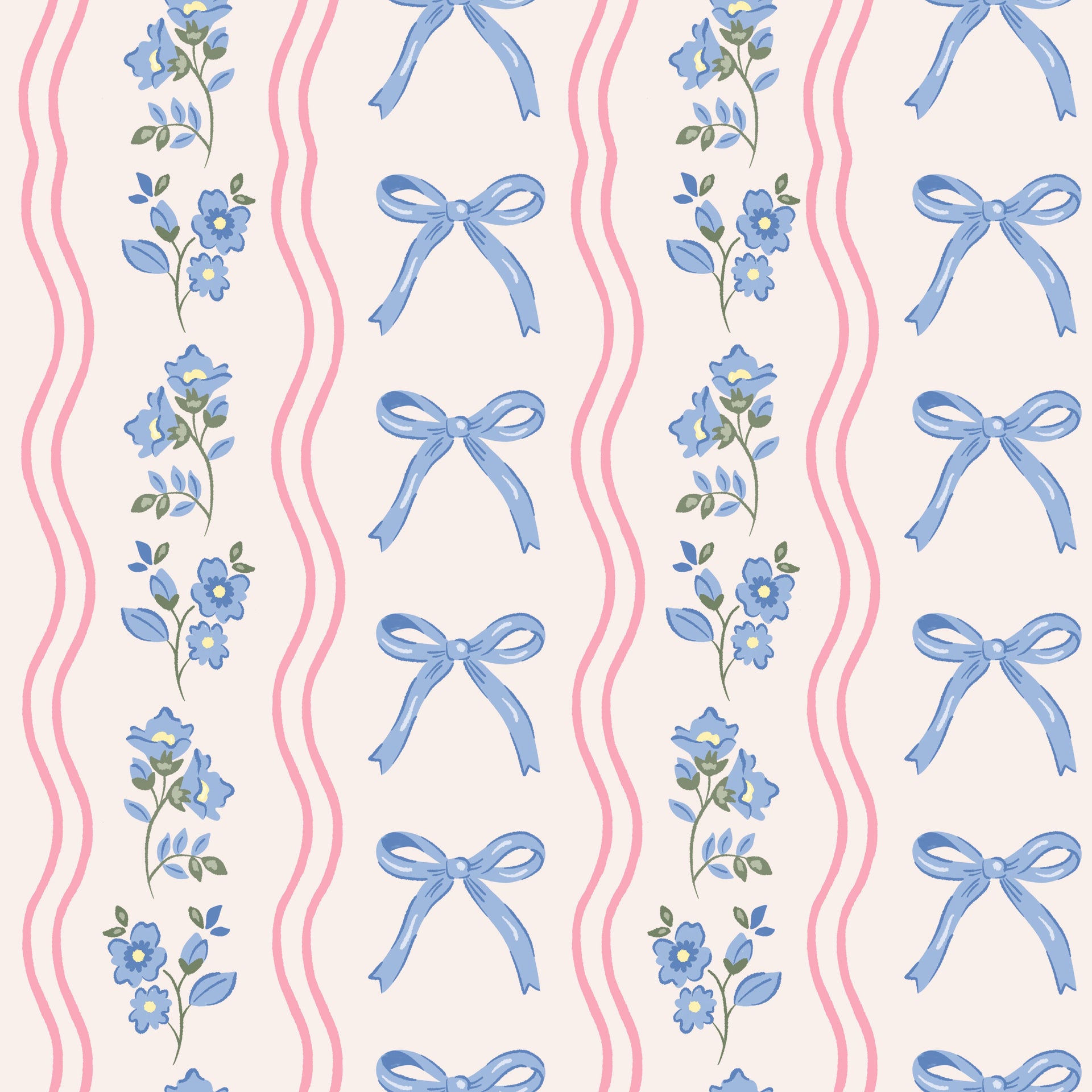 Amelia Bow Whimsical Nursery Wallpaper in Pink and Blue