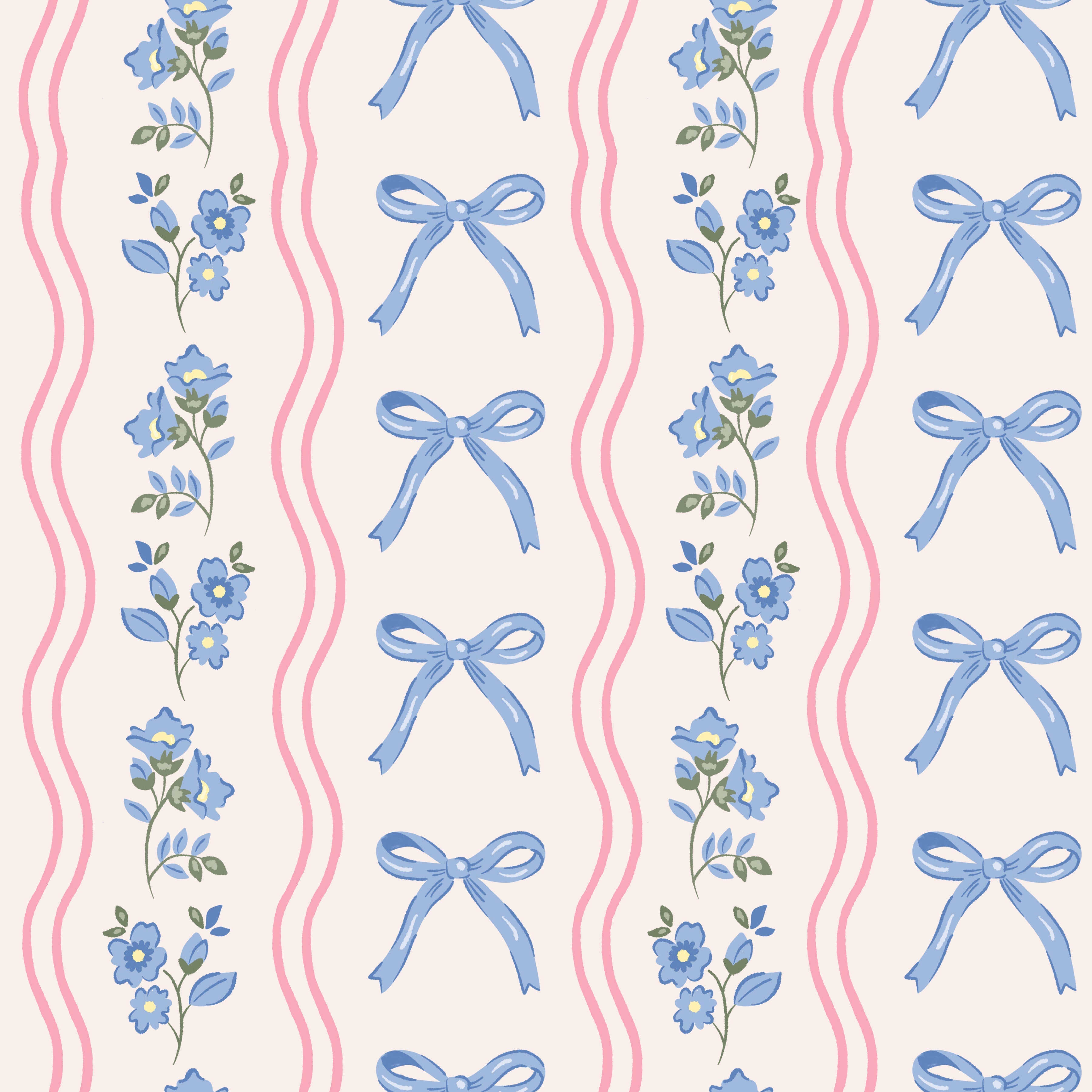 Amelia Bow Whimsical Nursery Wallpaper in Pink and Blue