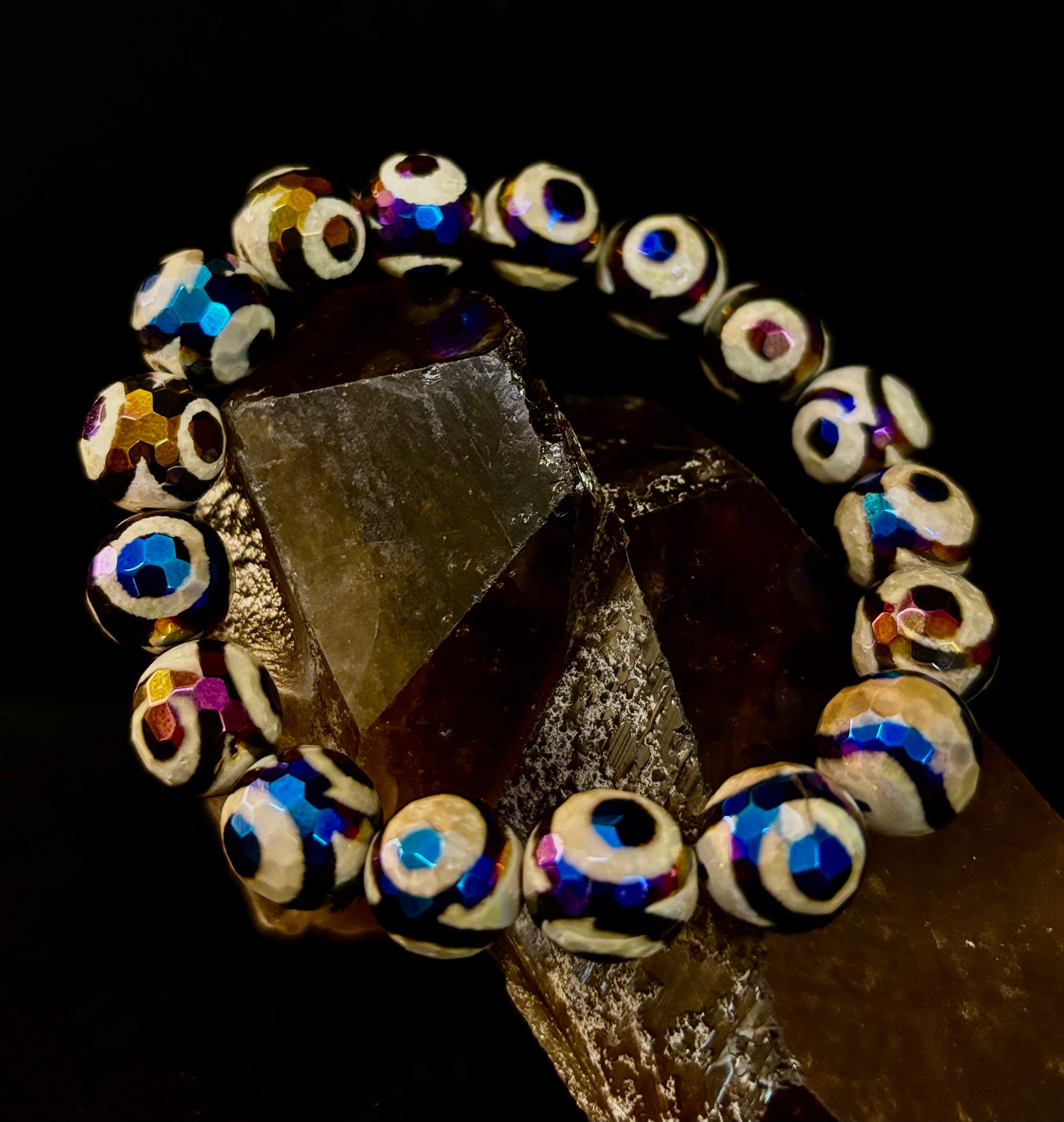 Mexican Agate Evil Eye Beaded Bracelet — 12mm Natural Stone