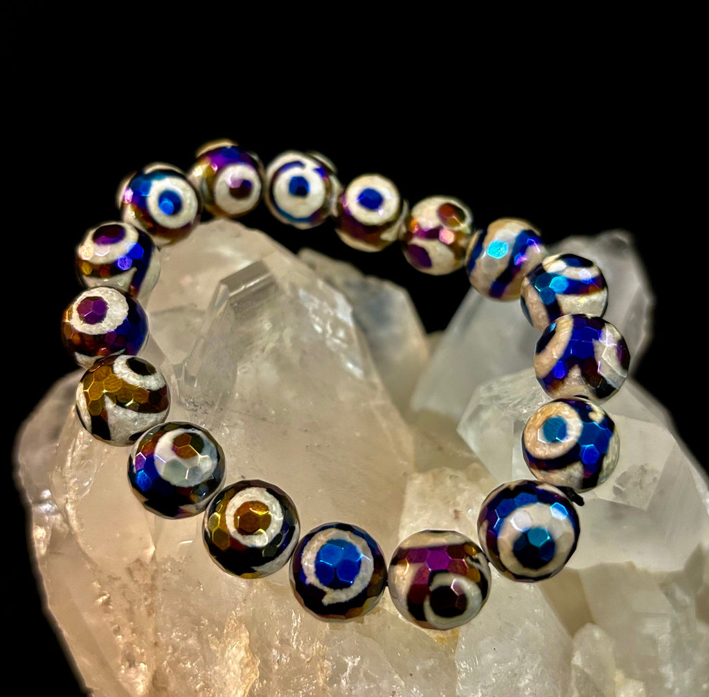 Mexican Agate Evil Eye Beaded Bracelet — 12mm Natural Stone