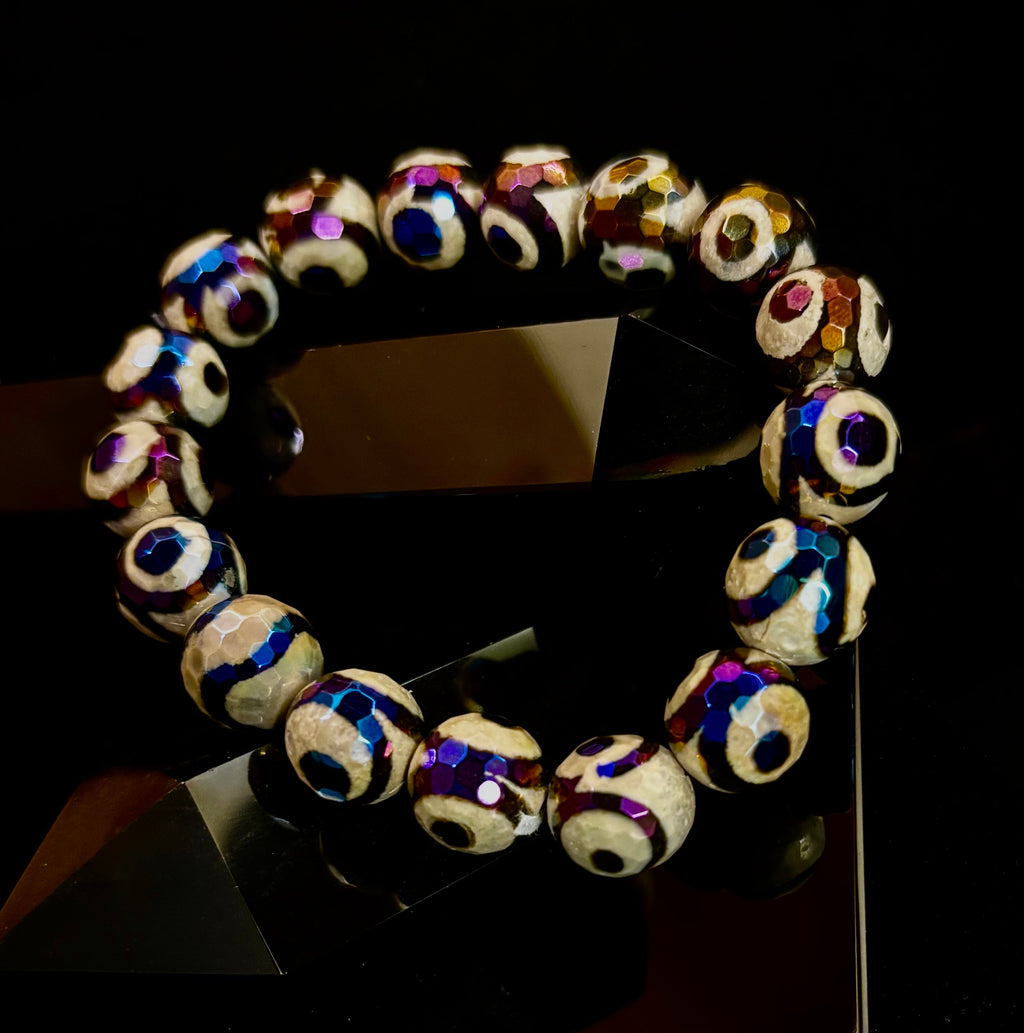 Mexican Agate Evil Eye Beaded Bracelet — 12mm Natural Stone