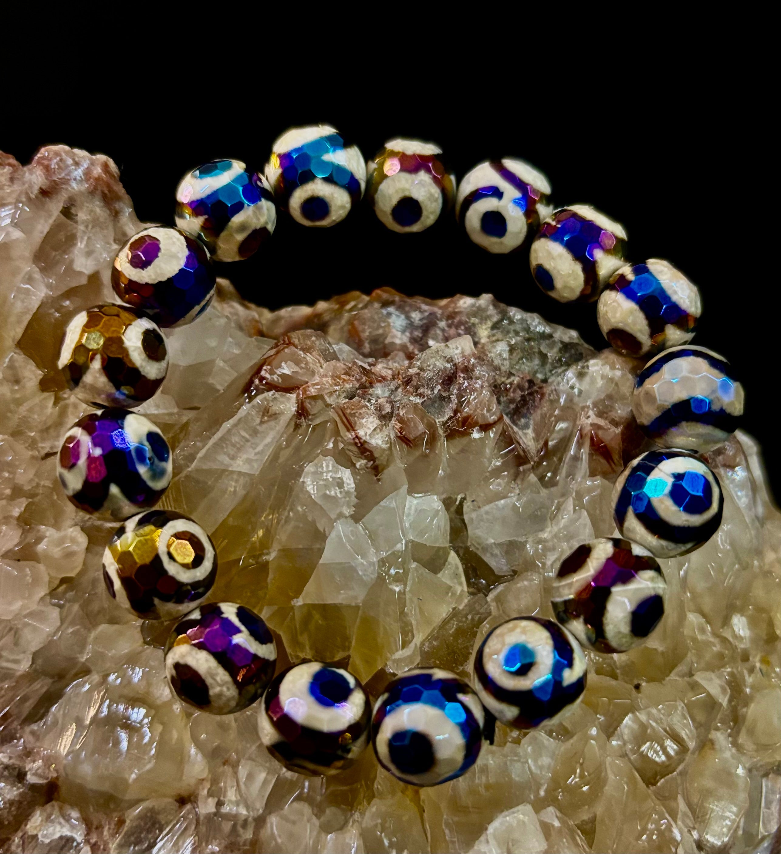 Mexican Agate Evil Eye Beaded Bracelet — 12mm Natural Stone