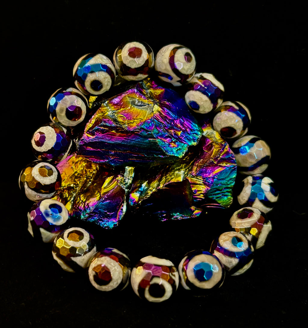 Mexican Agate Evil Eye Beaded Bracelet — 12mm Natural Stone