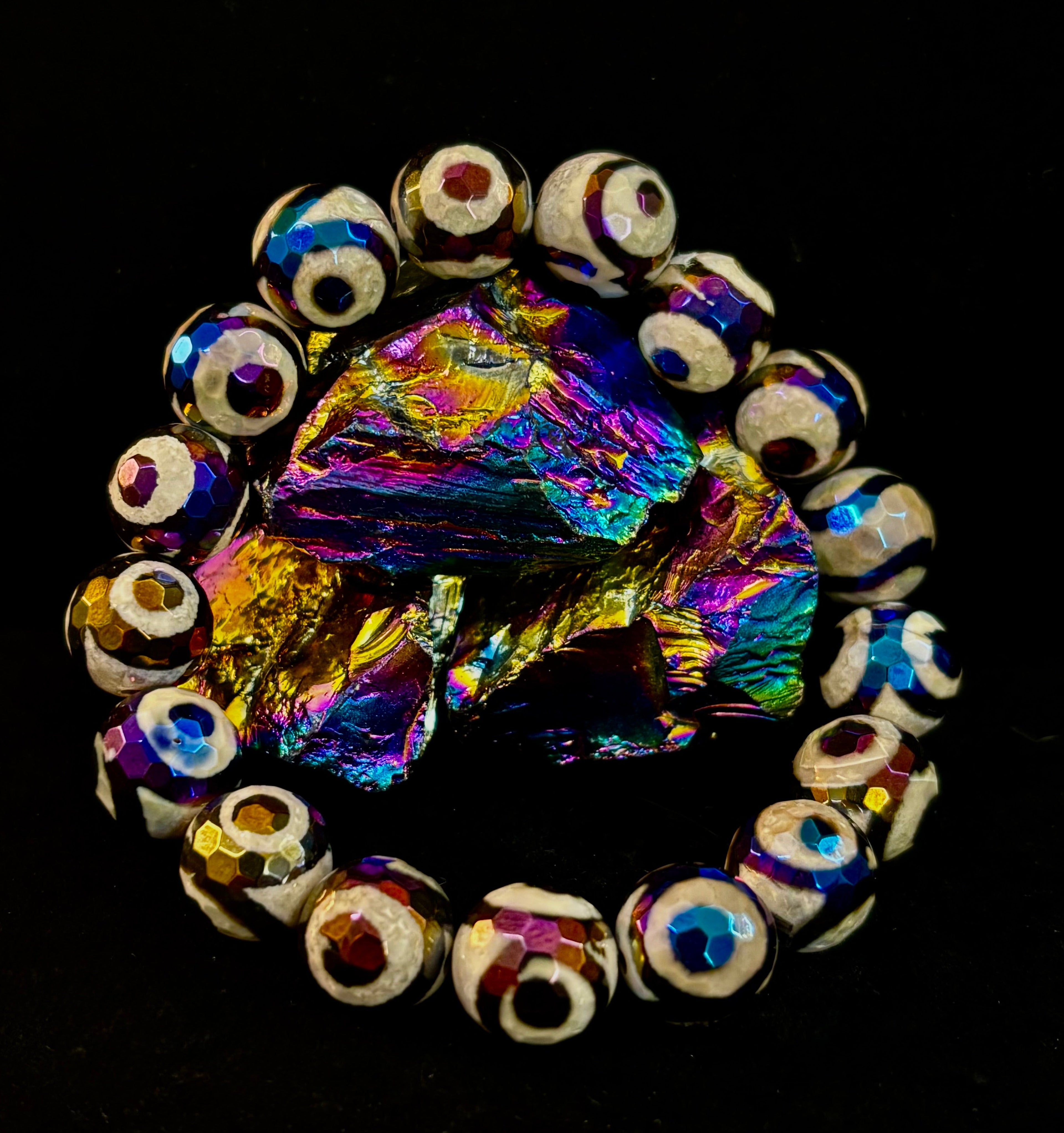 Mexican Agate Evil Eye Beaded Bracelet — 12mm Natural Stone