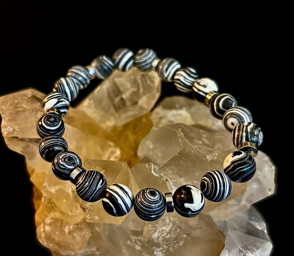 Black & White Striped Agate Stretch Bracelet Large XL