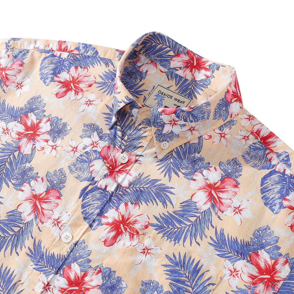 Men's Floral Hibiscus Print 100% Cotton Short Sleeve Resort Shirt