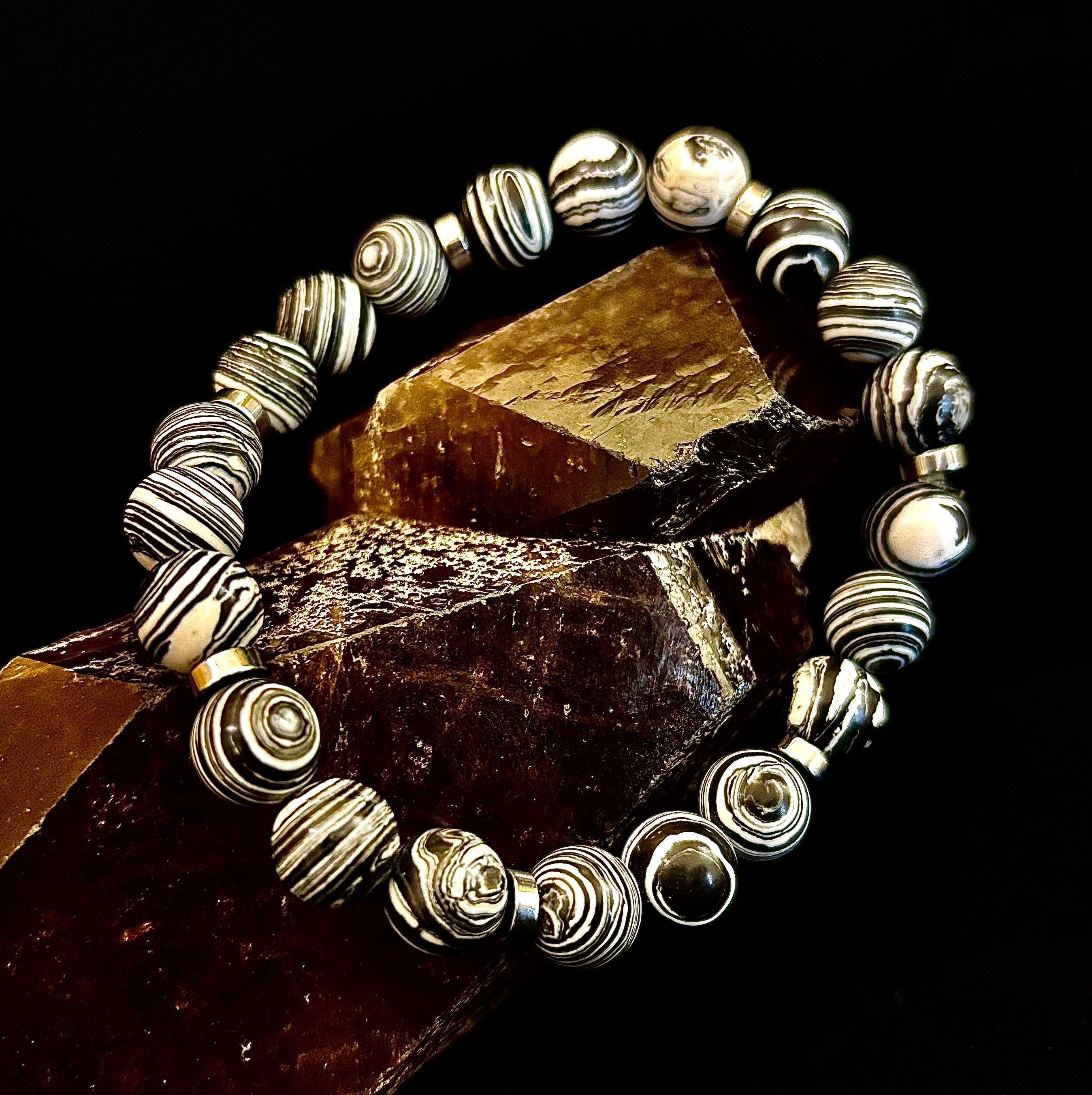 Black & White Striped Agate Stretch Bracelet Large XL