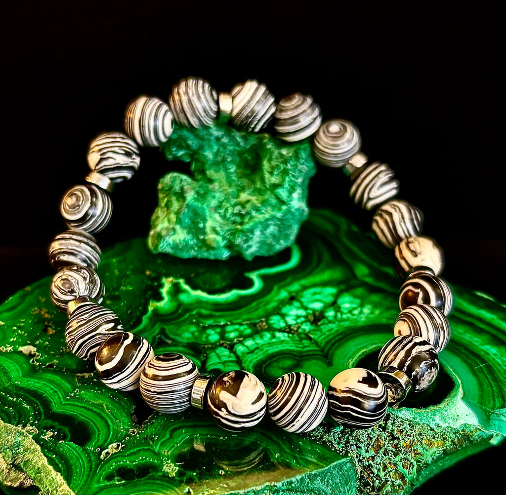 Black & White Striped Agate Stretch Bracelet Large XL