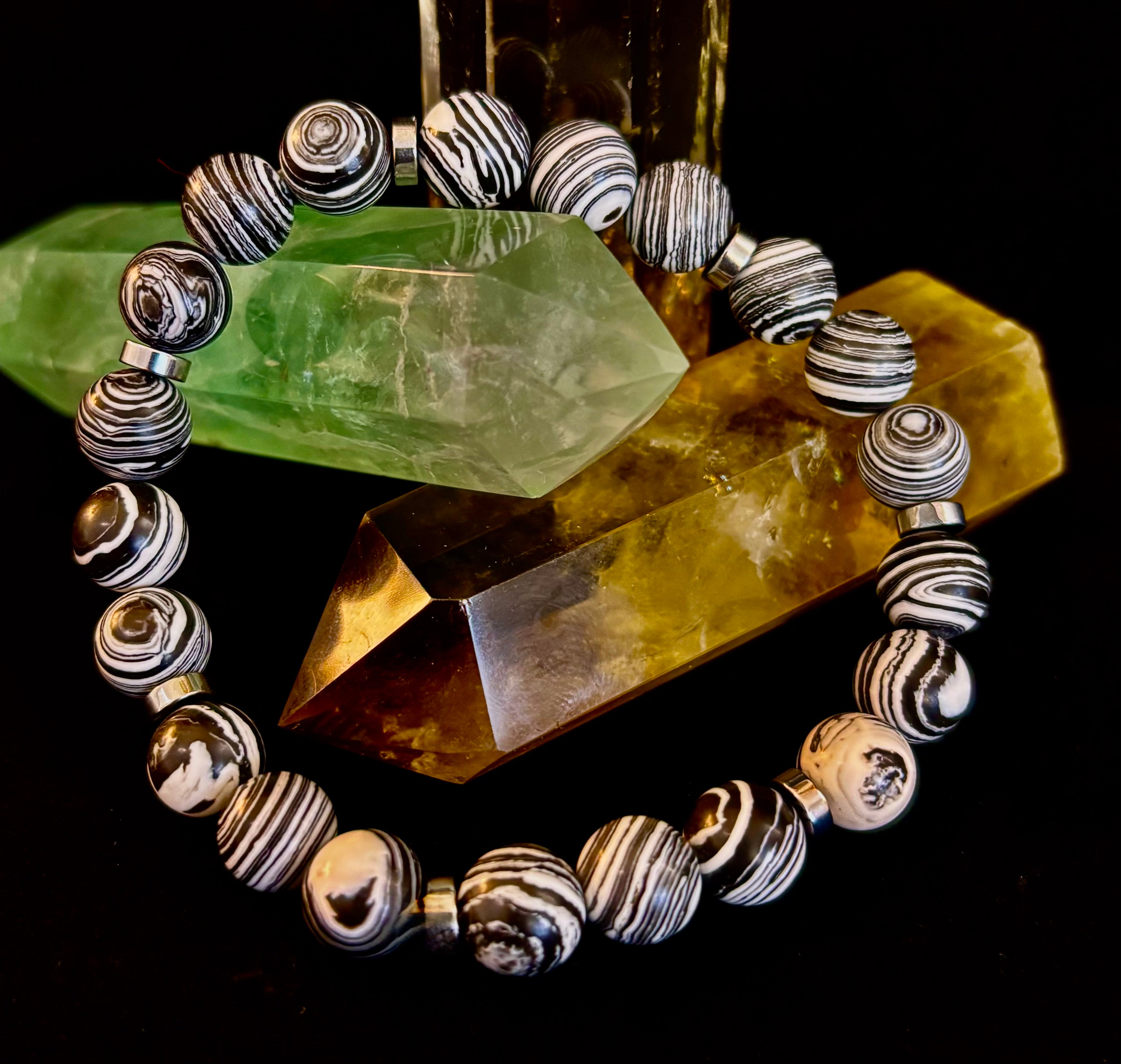 Black & White Striped Agate Stretch Bracelet Large XL