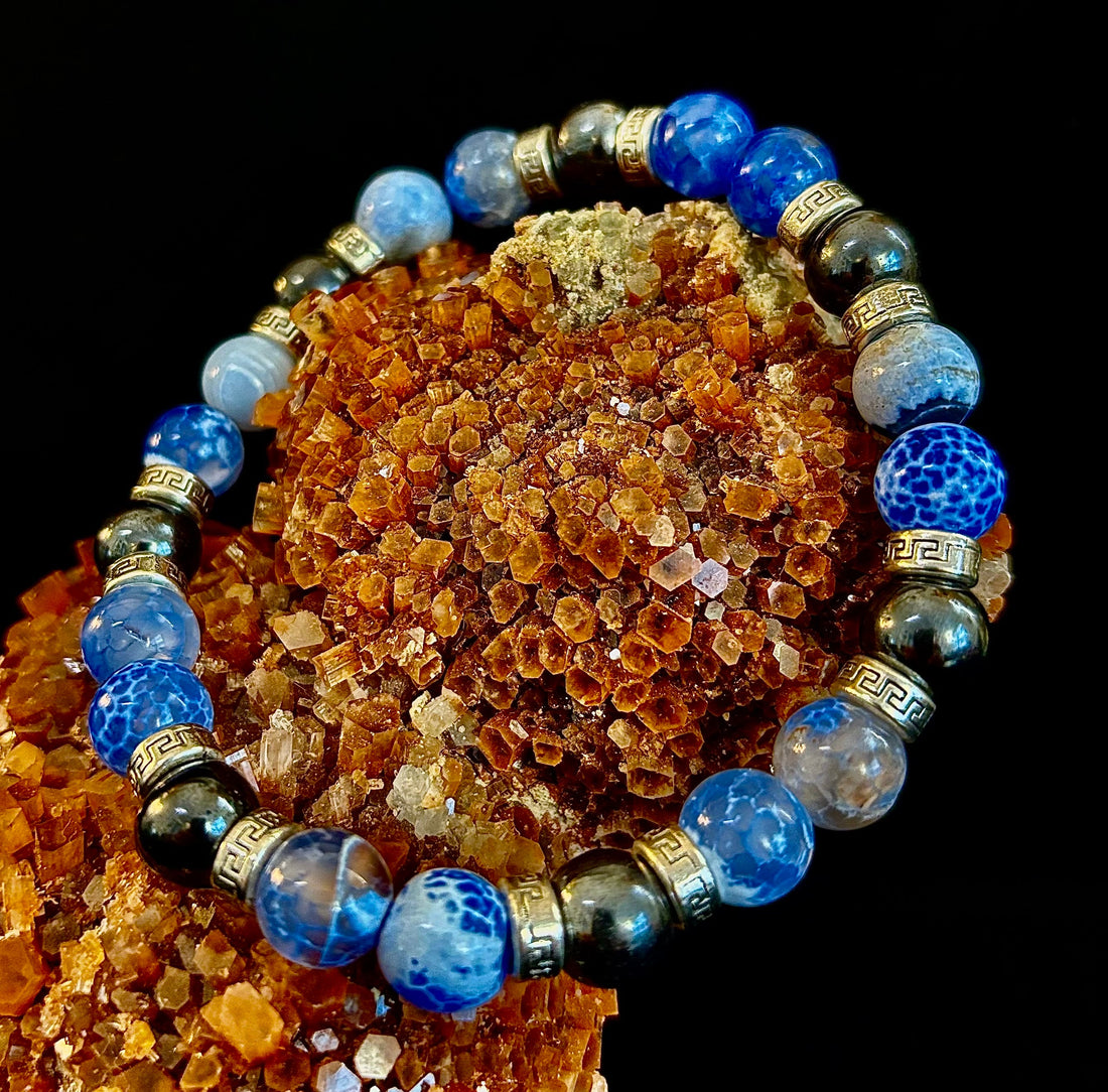 Speckled Blue and Gray Agate and Hematite (9"-9.5" XXL Wrist Size)
