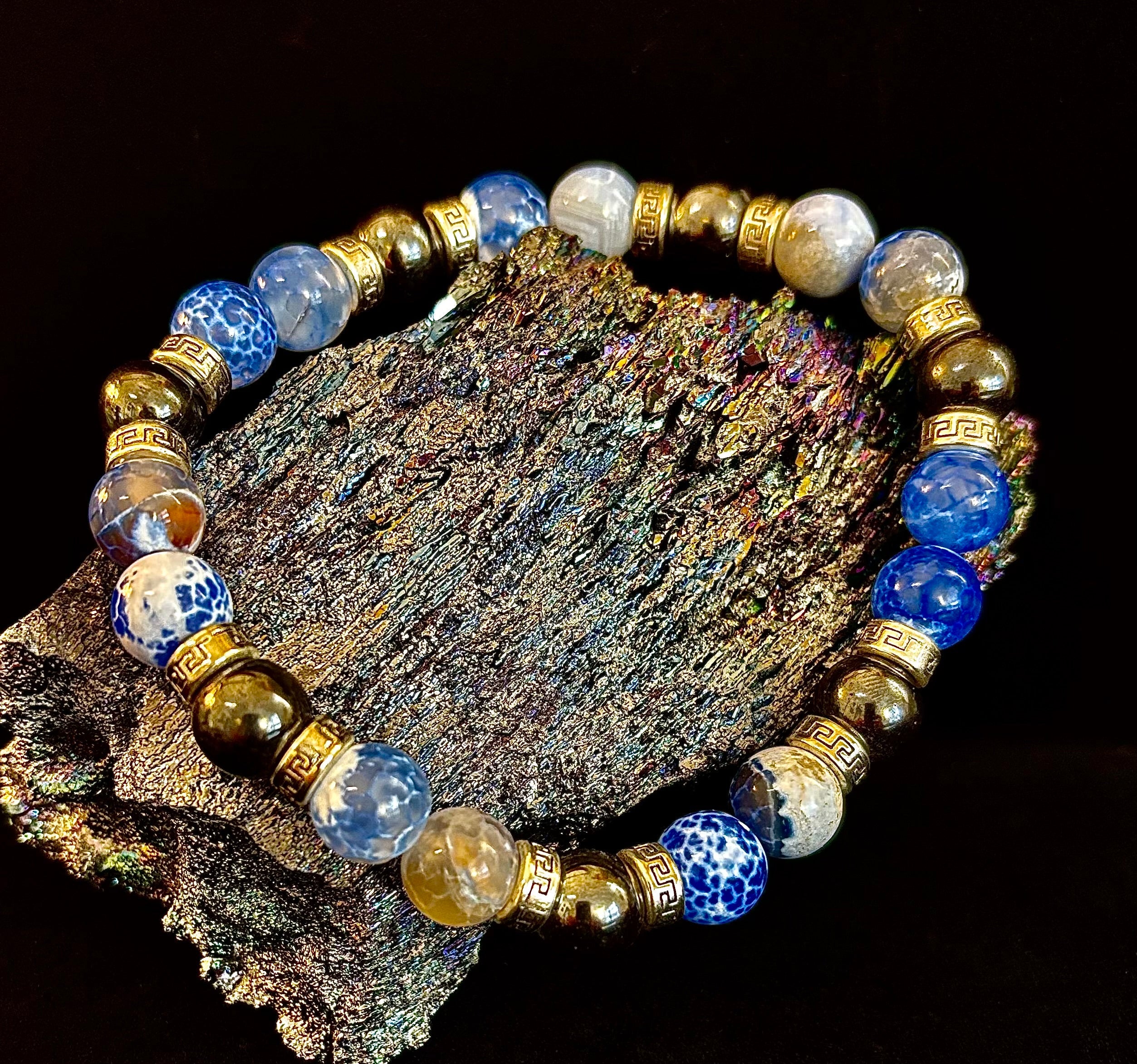 Speckled Blue & Gray Agate Hematite Bracelet XXL