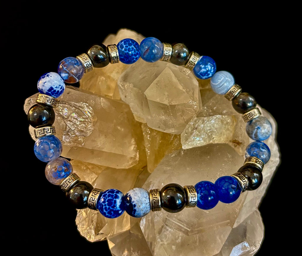 Speckled Blue & Gray Agate Hematite Bracelet XXL