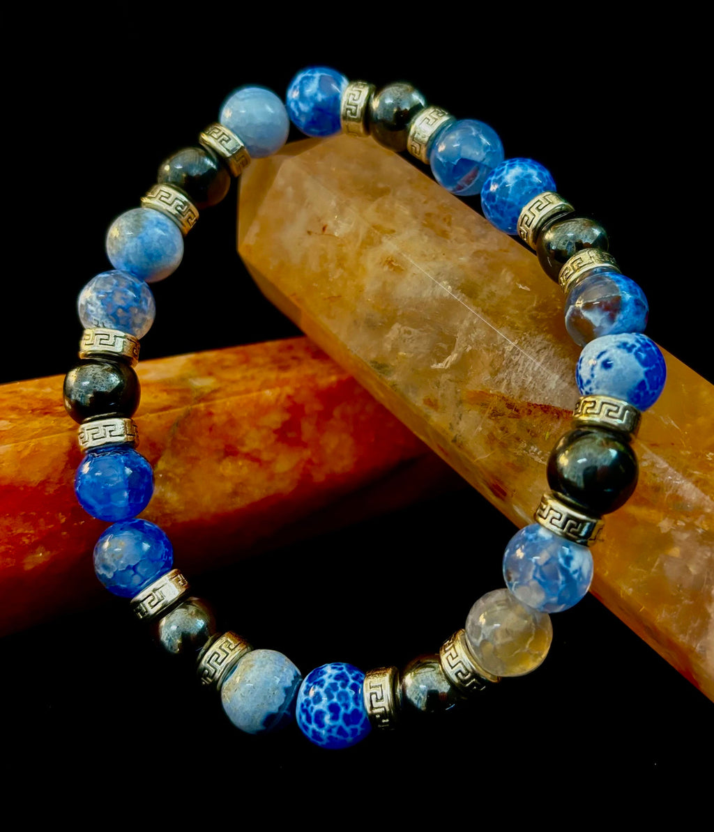 Speckled Blue & Gray Agate Hematite Bracelet XXL