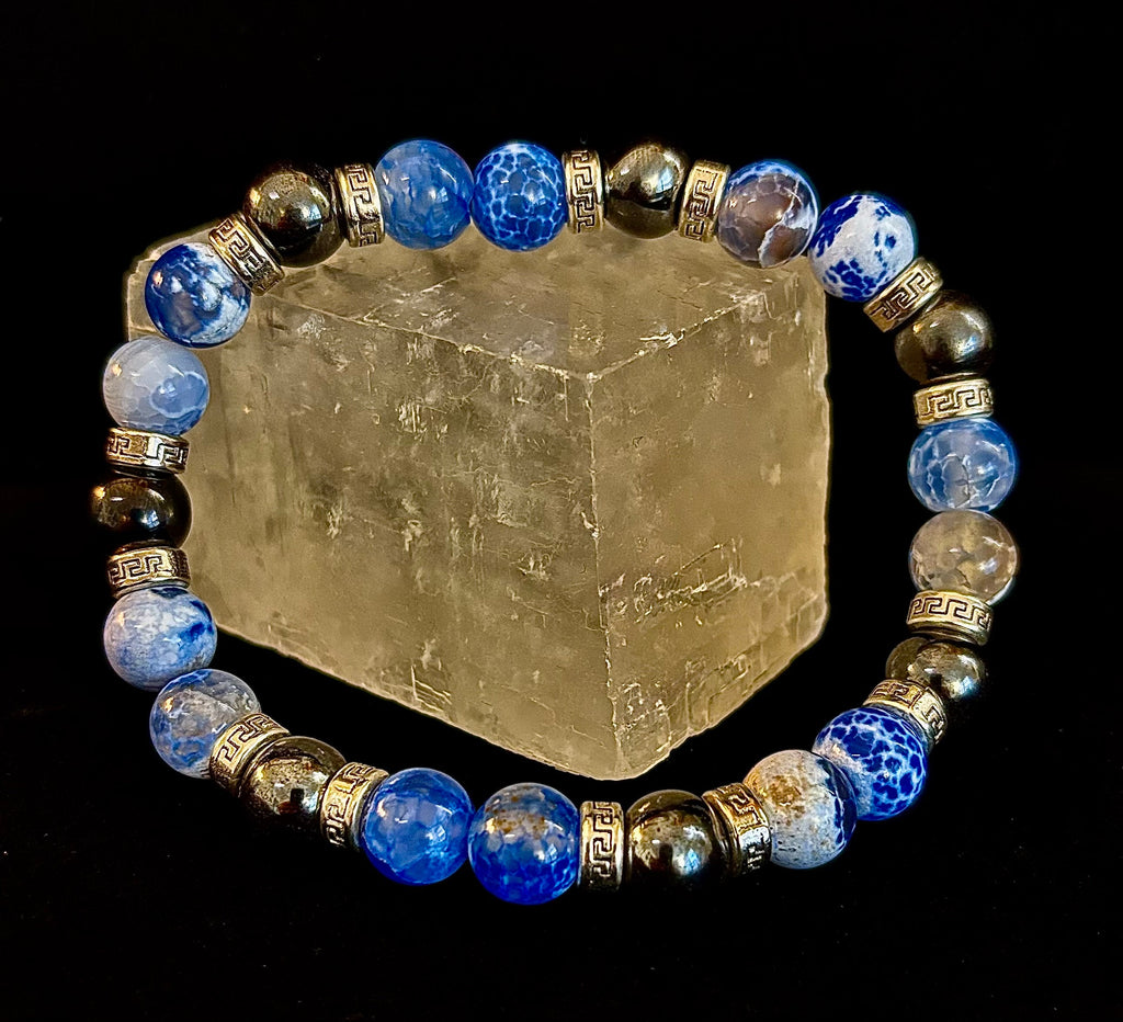 Speckled Blue & Gray Agate Hematite Bracelet XXL