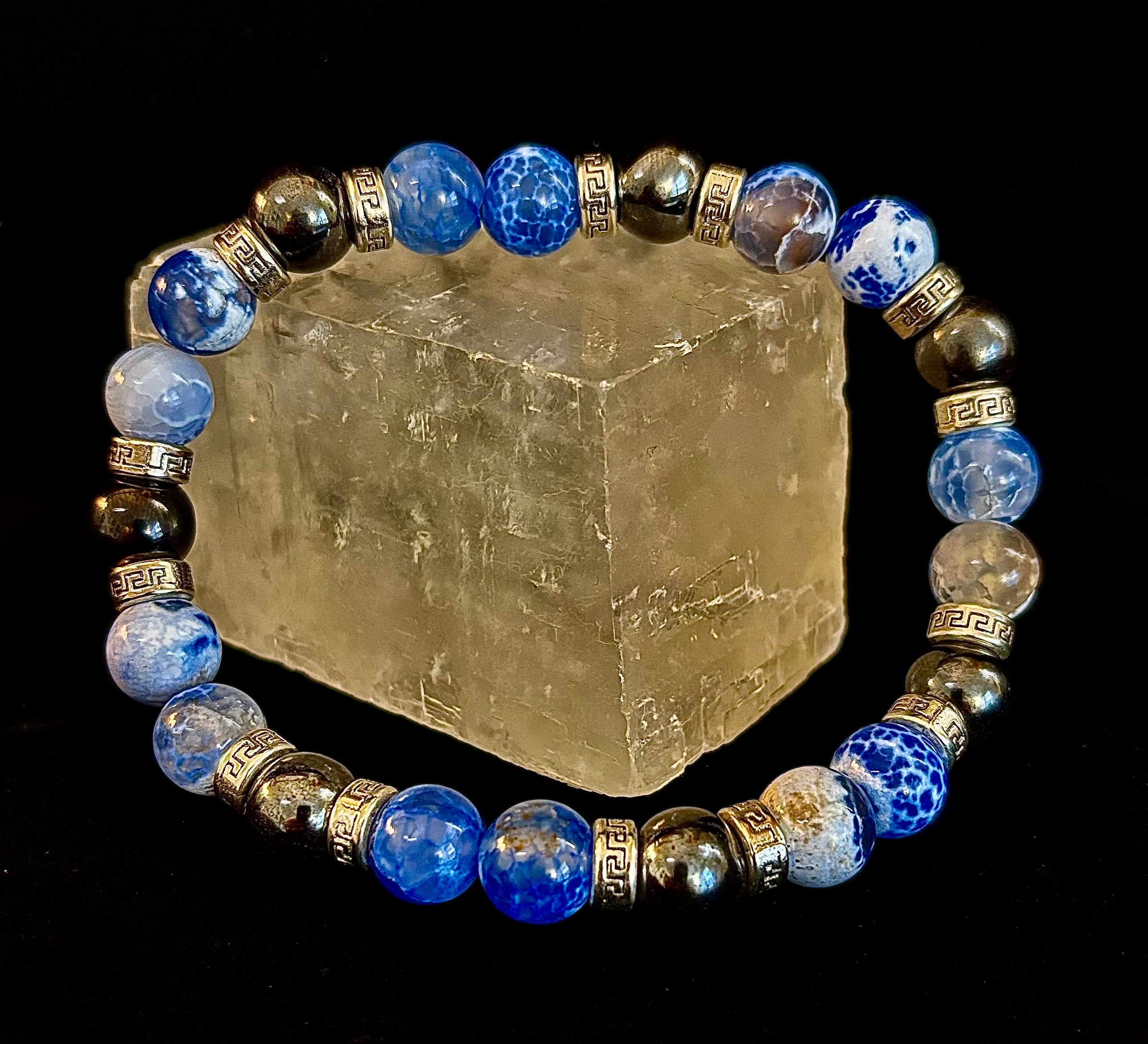 Speckled Blue & Gray Agate Hematite Bracelet XXL