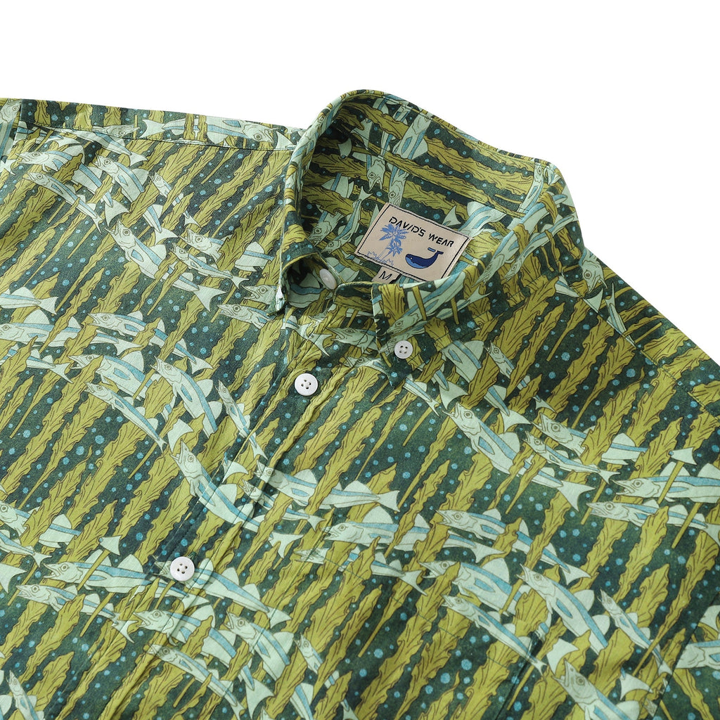 Cod and Seaweed Print Hawaiian Shirt Short Sleeve Cotton
