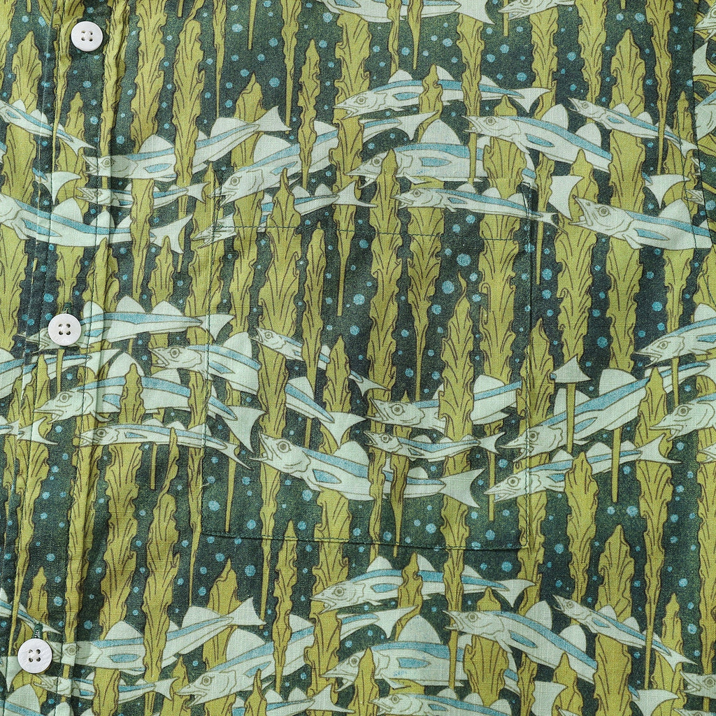 Cod and Seaweed Print Hawaiian Shirt Short Sleeve Cotton