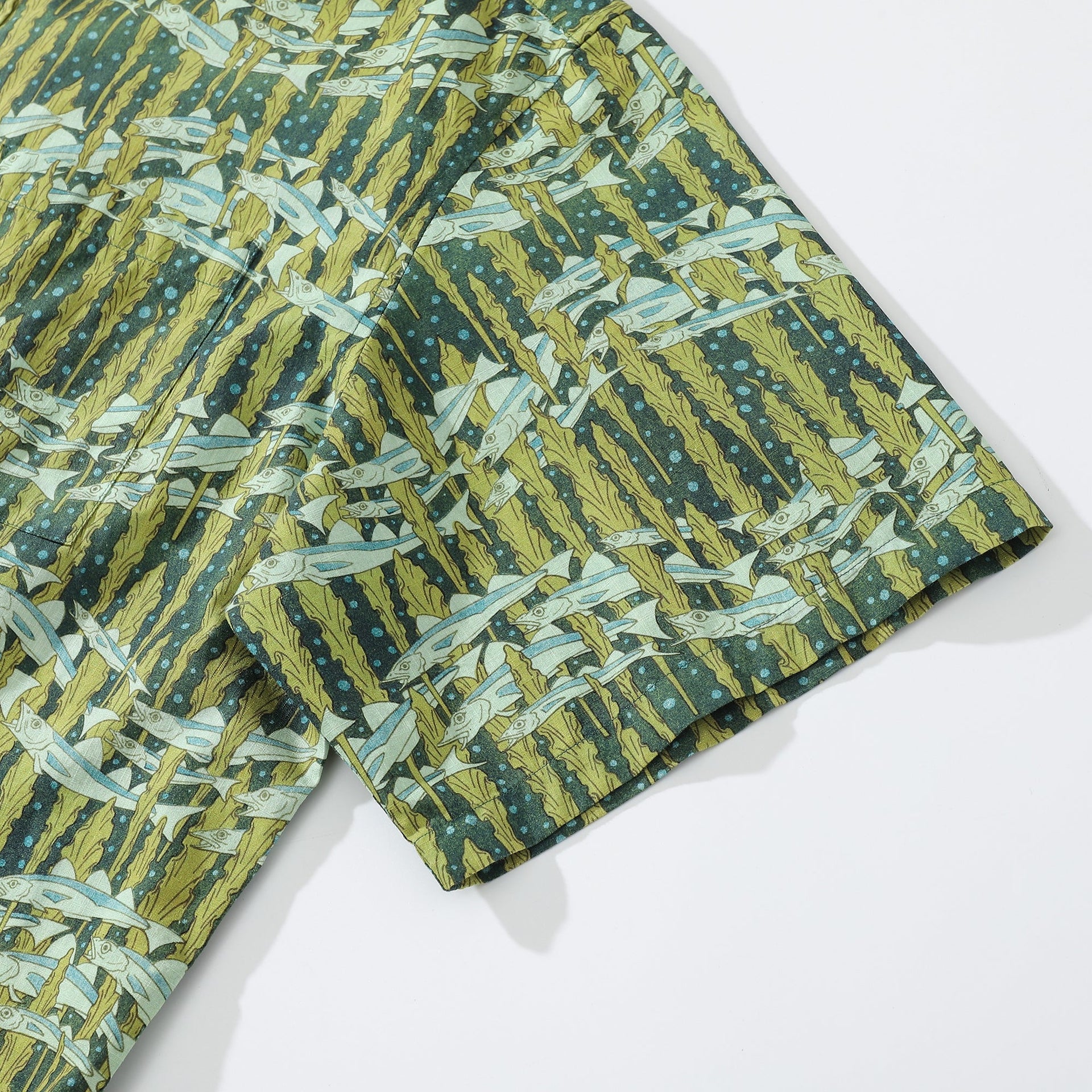 Cod and Seaweed Print Hawaiian Shirt Short Sleeve Cotton