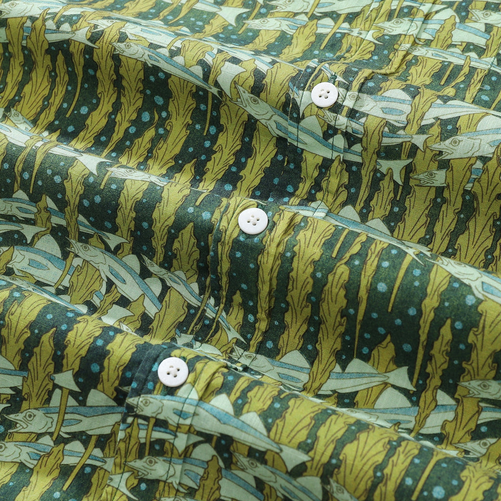 Cod and Seaweed Print Hawaiian Shirt Short Sleeve Cotton