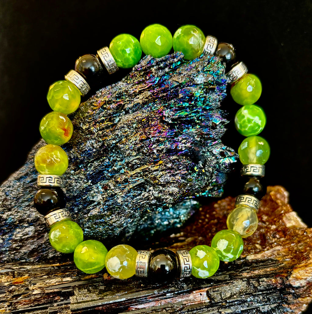 Green Agate Black Onyx Stretch Bracelet Large XL Wrists