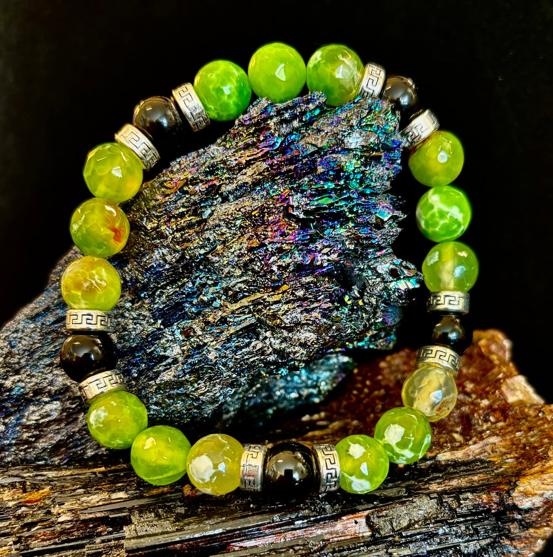 Green Agate & Black Onyx Stretch Bracelet — Handmade Natural Stone Bracelet with Silver Spacers for Large to XL Wrists (7.5"–8.5")