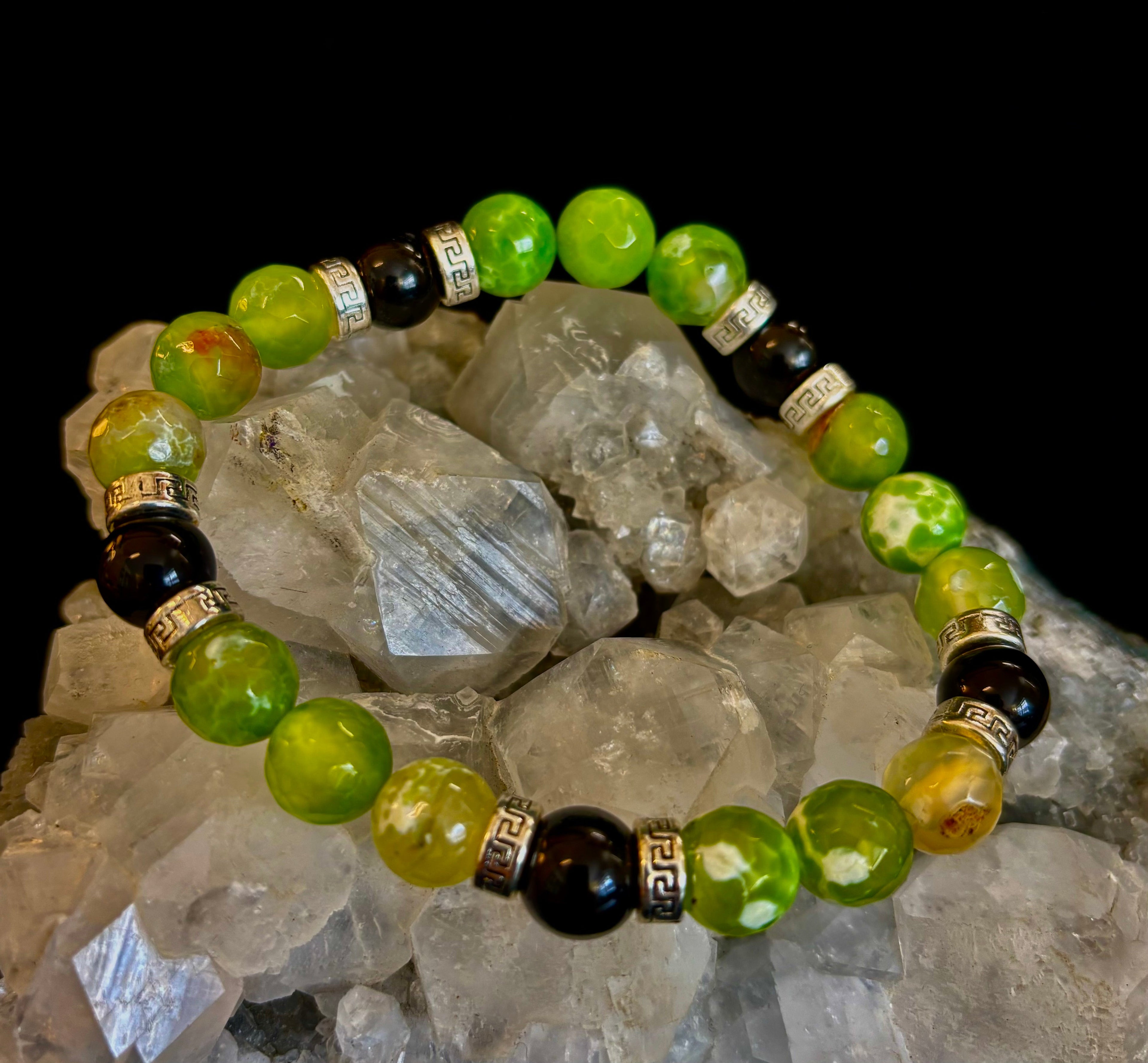 Green Agate Black Onyx Stretch Bracelet Large XL Wrists