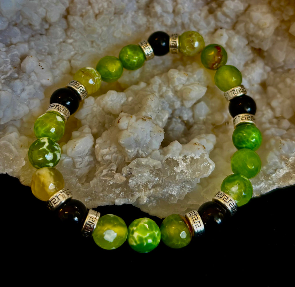 Green Agate Black Onyx Stretch Bracelet Large XL Wrists