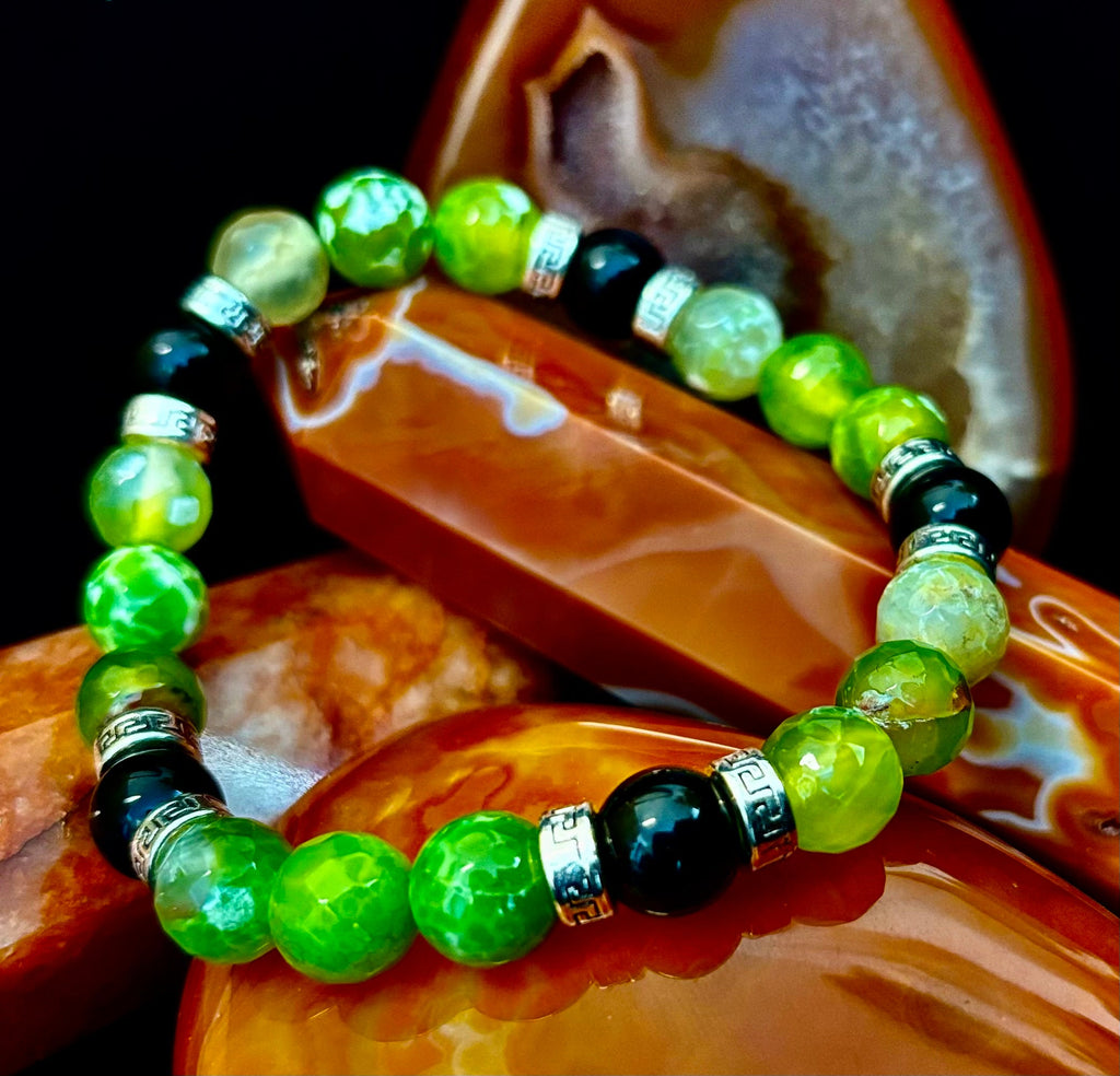 Green Agate Black Onyx Stretch Bracelet Large XL Wrists