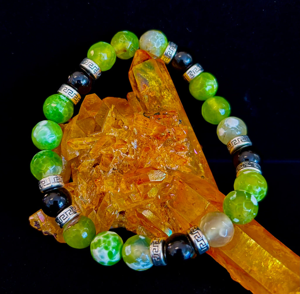 Green Agate Black Onyx Stretch Bracelet Large XL Wrists