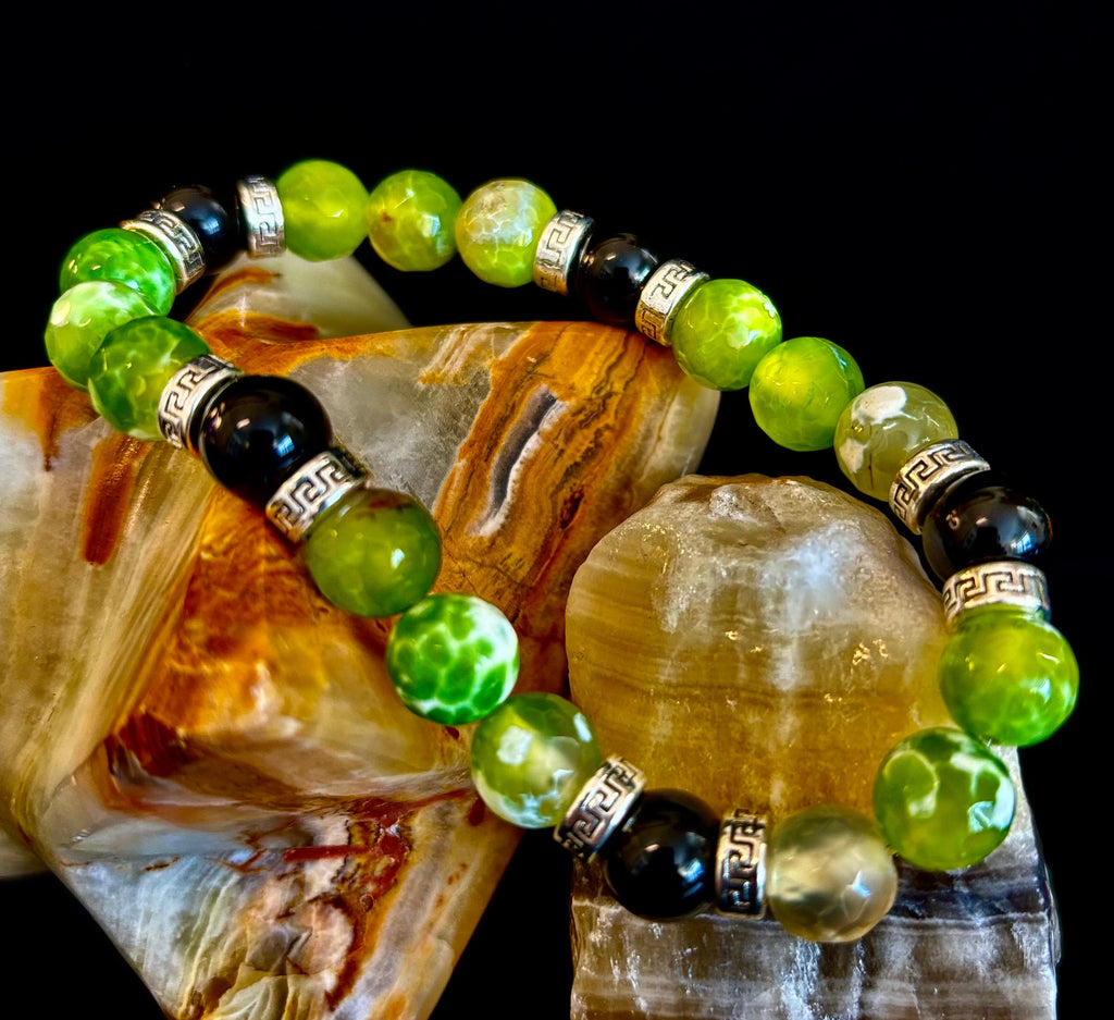 Green Agate Black Onyx Stretch Bracelet Large XL Wrists