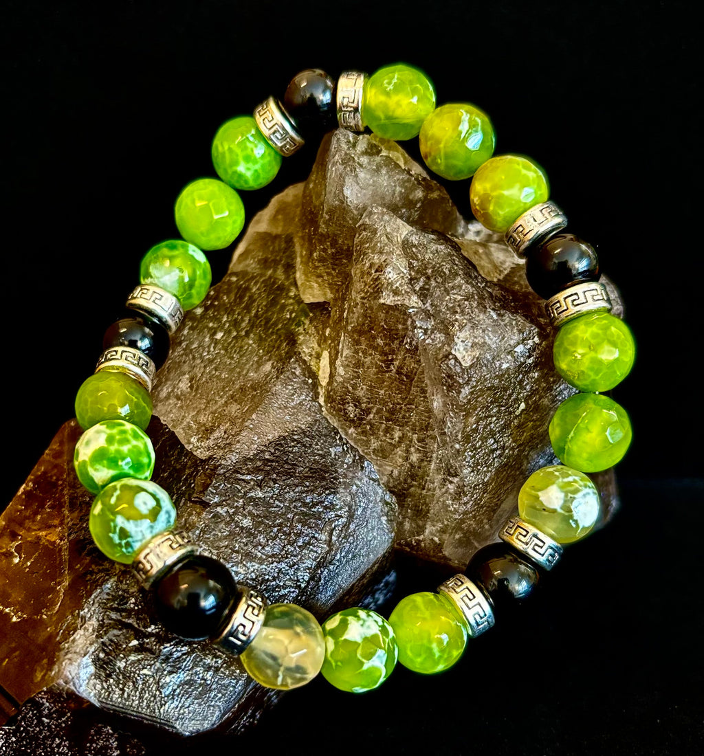 Green Agate Black Onyx Stretch Bracelet Large XL Wrists