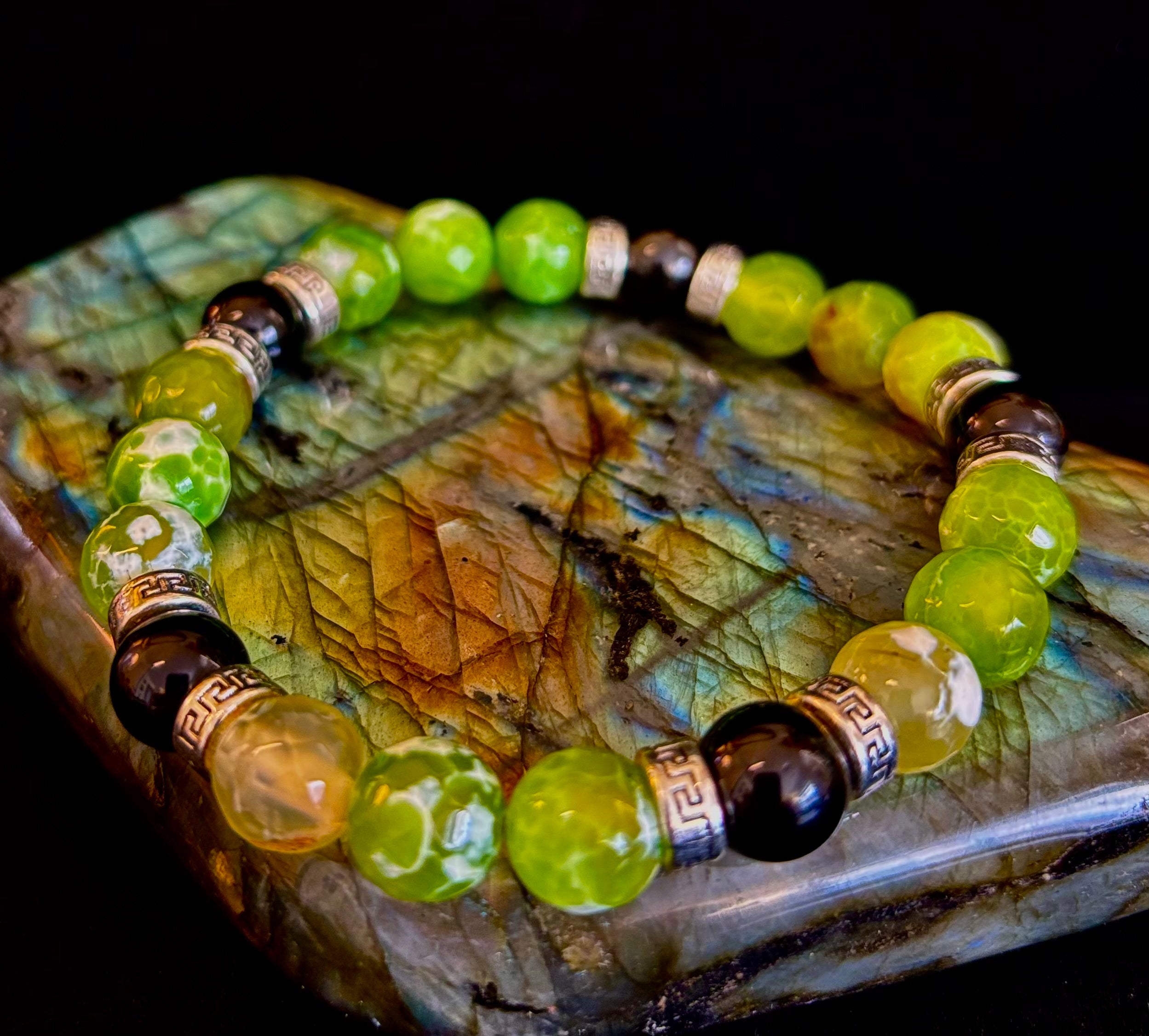 Green Agate Black Onyx Stretch Bracelet Large XL Wrists