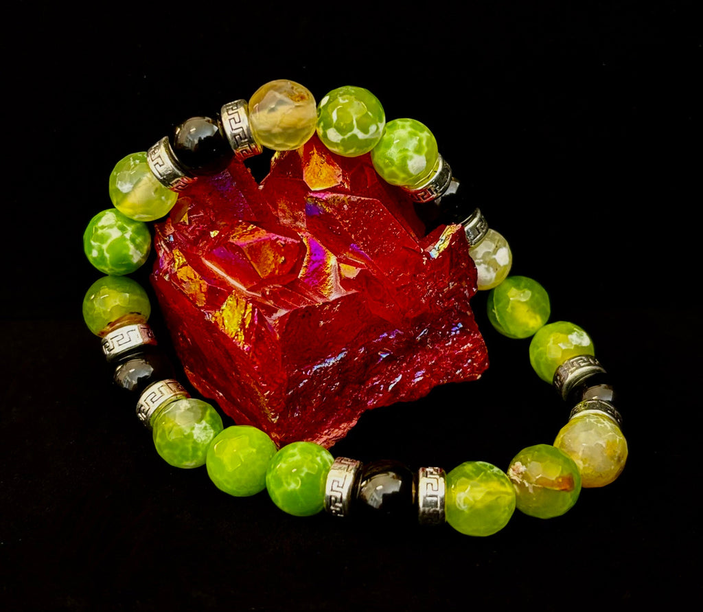 Green Agate Black Onyx Stretch Bracelet Large XL Wrists