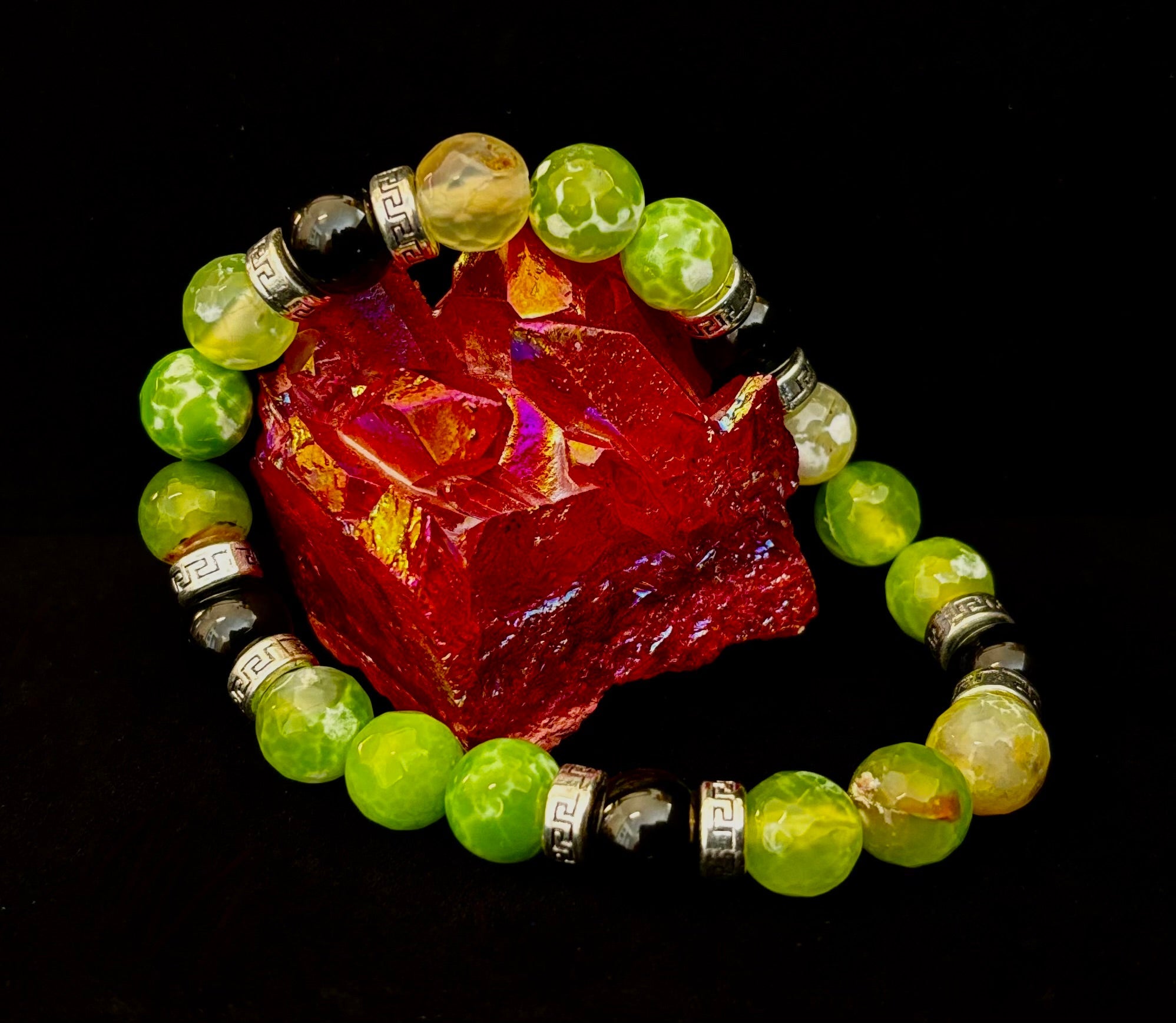 Green Agate Black Onyx Stretch Bracelet Large XL Wrists