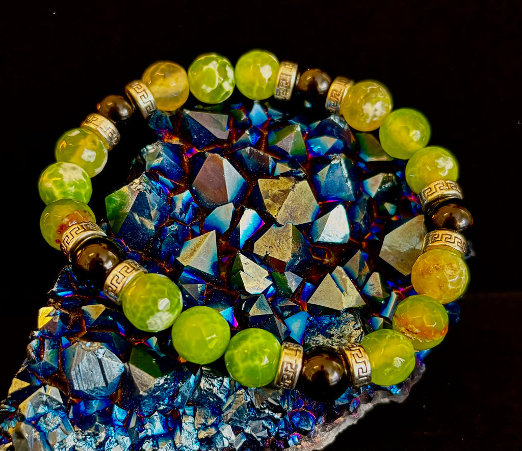 Green Agate Black Onyx Stretch Bracelet Large XL Wrists