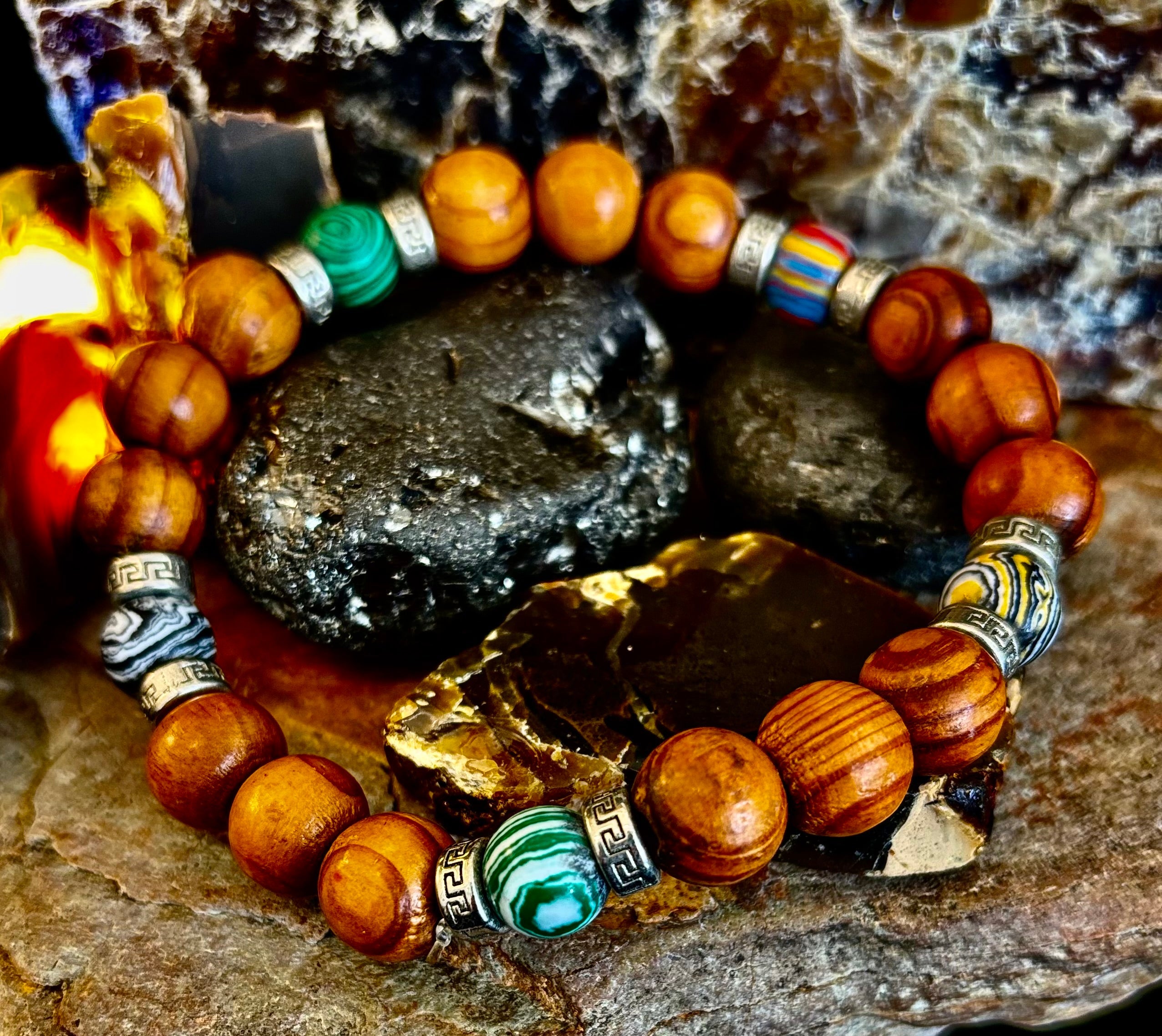 Coconut Palm Wood Bracelet with Malachite & Mixed Stones XL