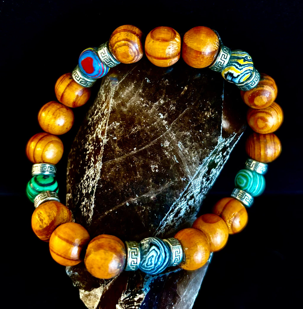 Coconut Palm Wood Bracelet with Malachite & Mixed Stones XL