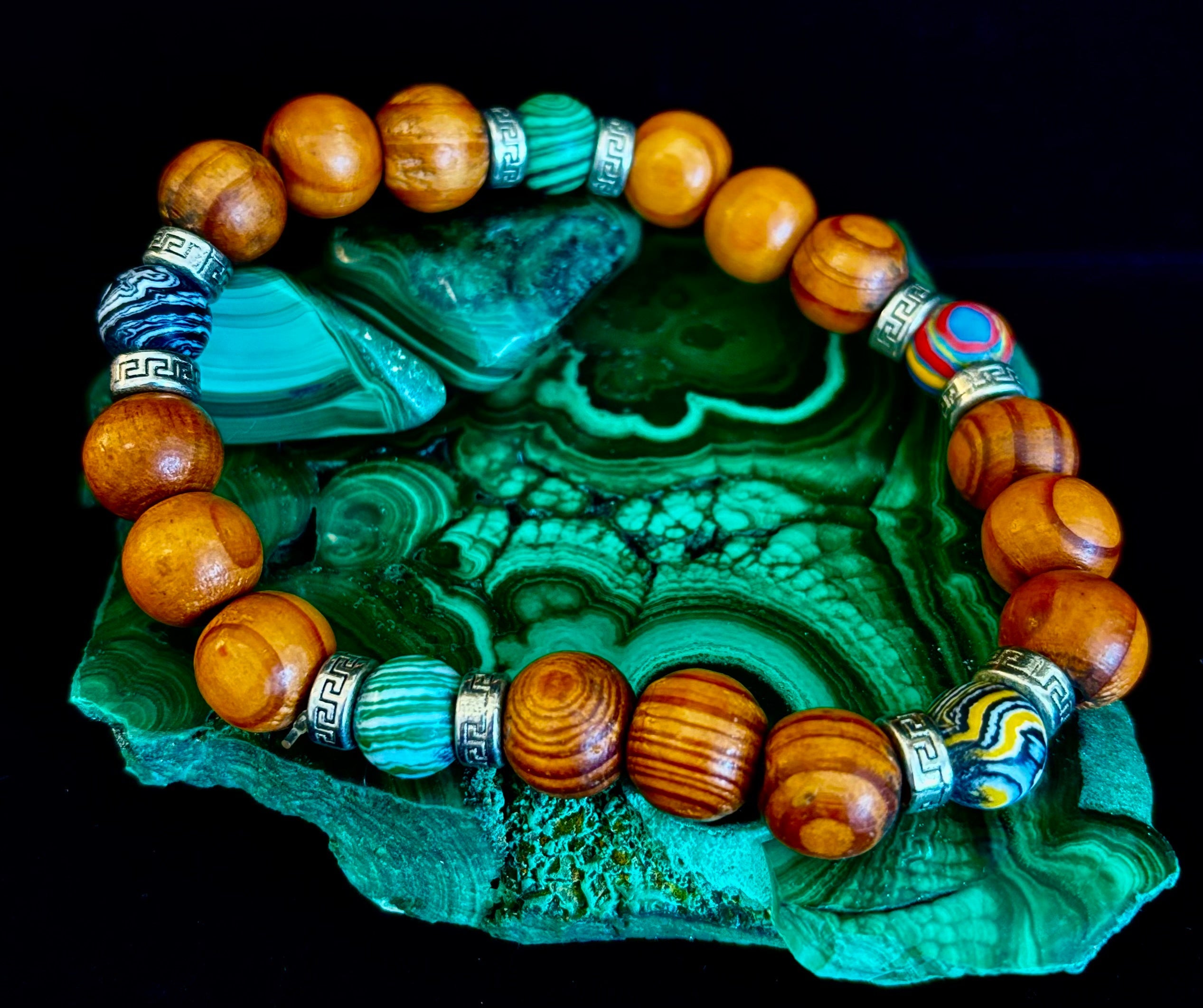 Coconut Palm Wood Bracelet with Malachite & Mixed Stones XL