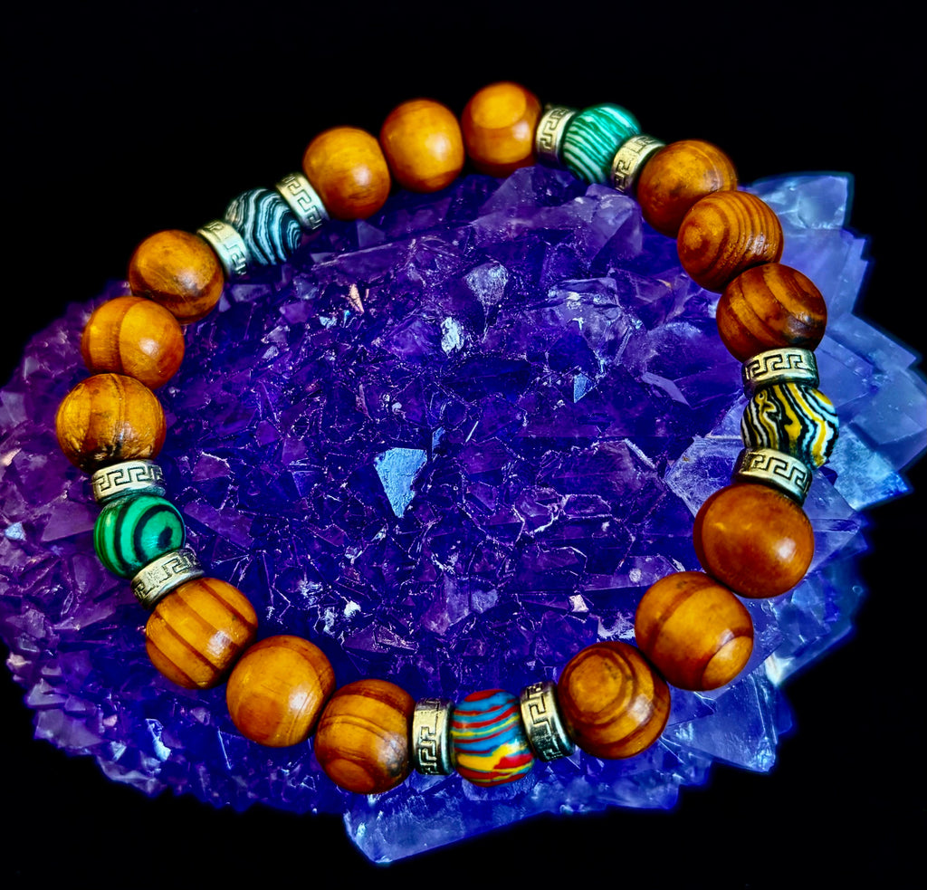 Coconut Palm Wood Bracelet with Malachite & Mixed Stones XL