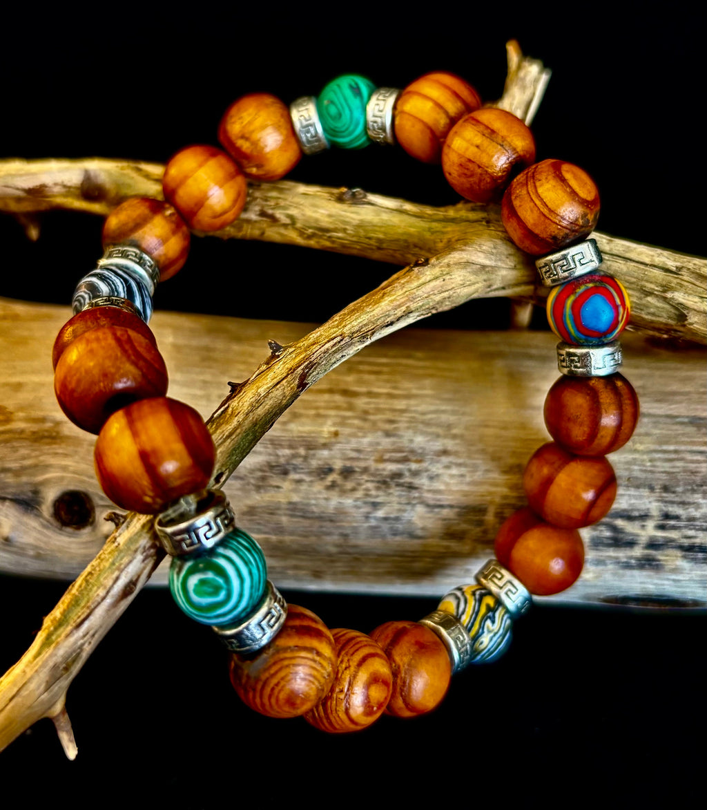 Coconut Palm Wood Bracelet with Malachite & Mixed Stones XL