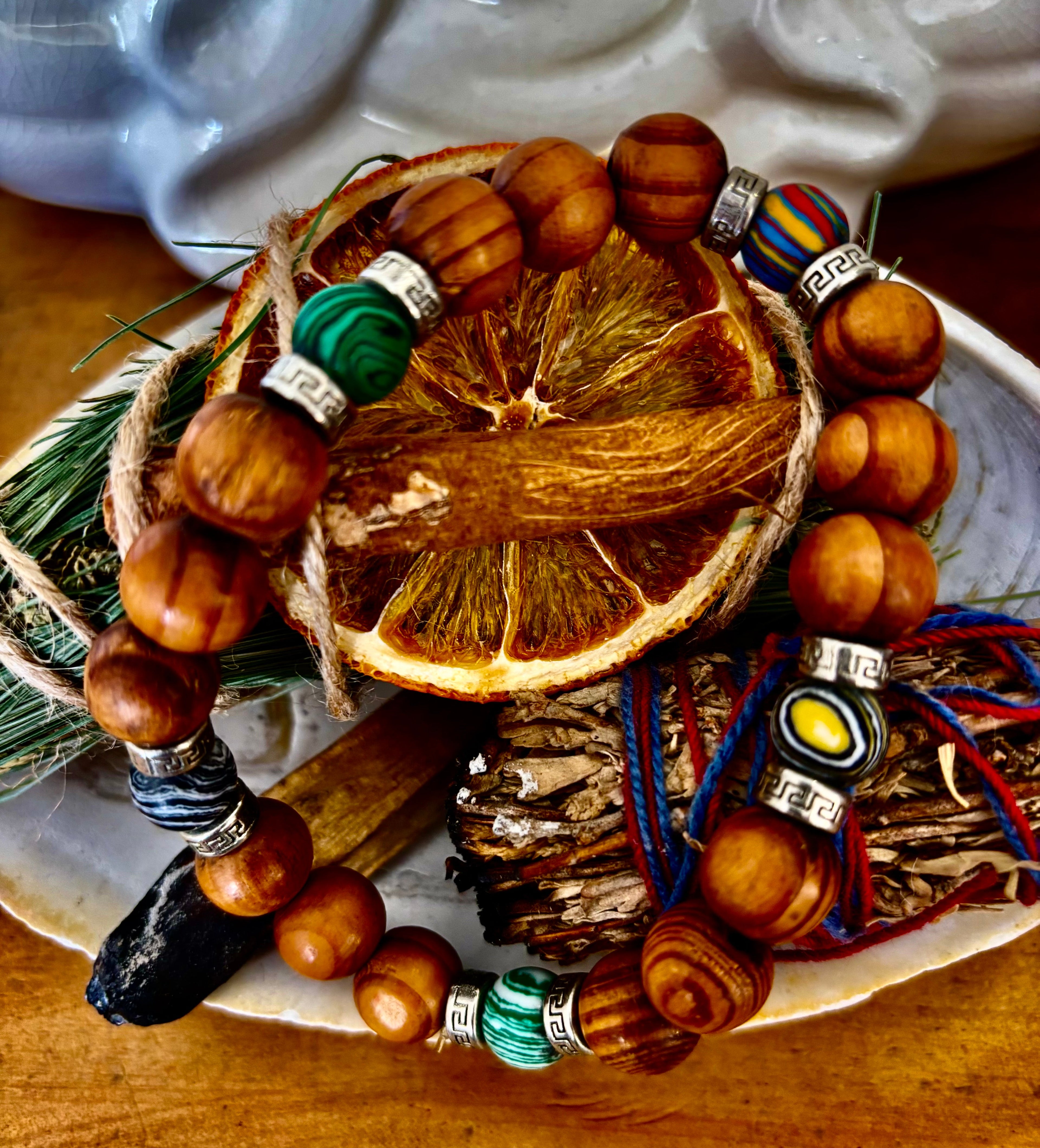 Coconut Palm Wood Bracelet with Malachite & Mixed Stones XL
