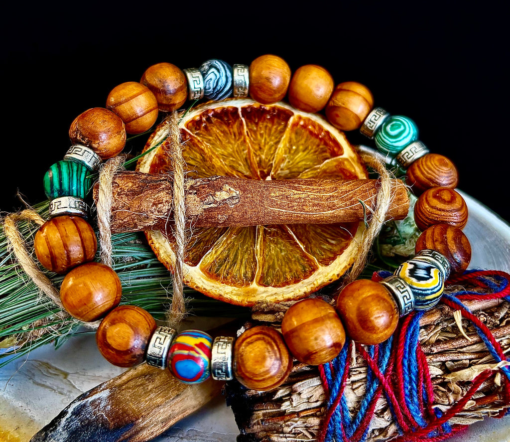 Coconut Palm Wood Bracelet with Malachite & Mixed Stones XL