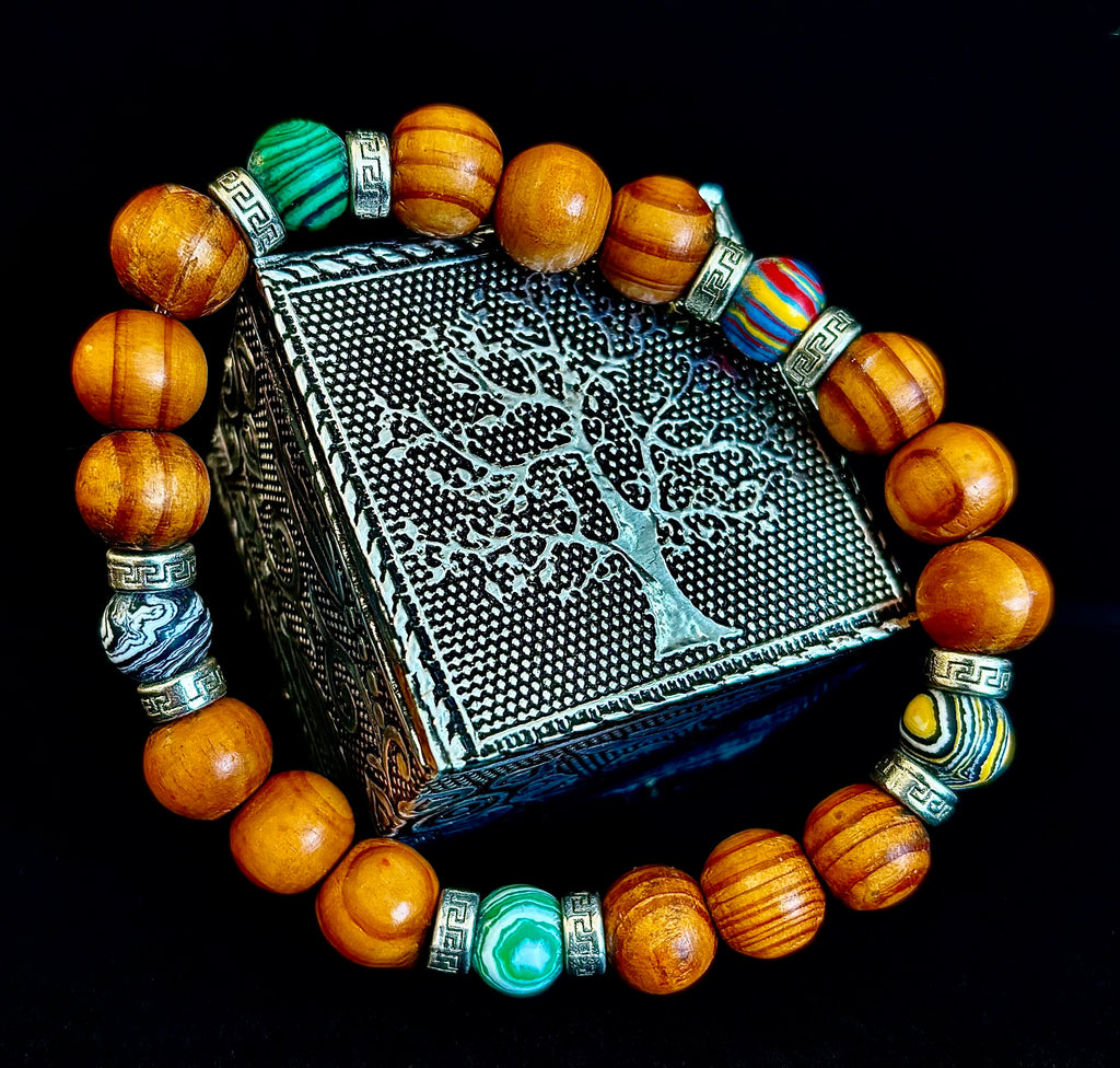 Coconut Palm Wood Bracelet with Malachite & Mixed Stones XL