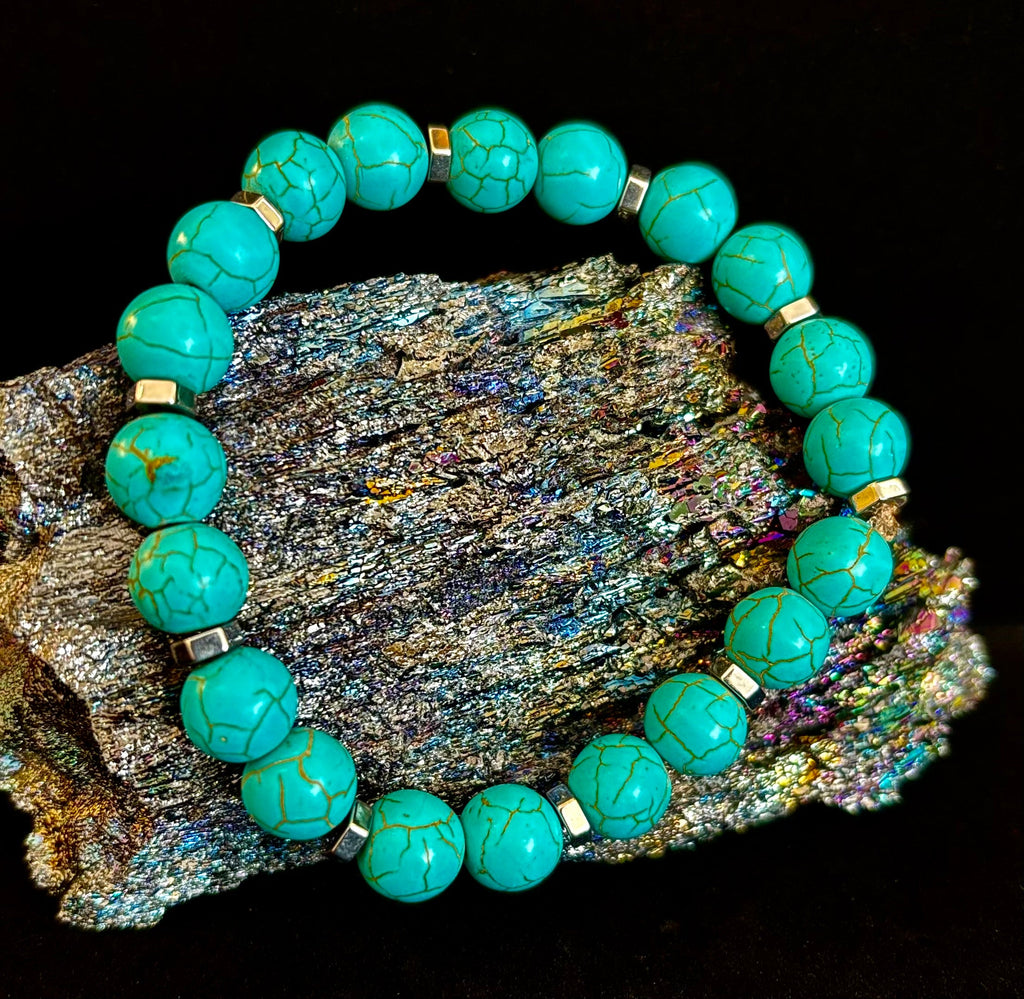 Turquoise Howlite Bracelet with Silver Spacers — Handmade Stretch
