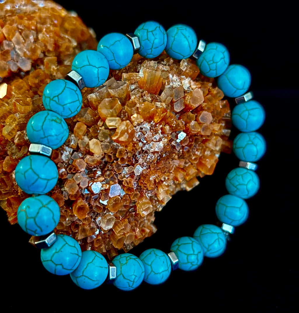 Turquoise Howlite Bracelet with Silver Spacers — Handmade Stretch