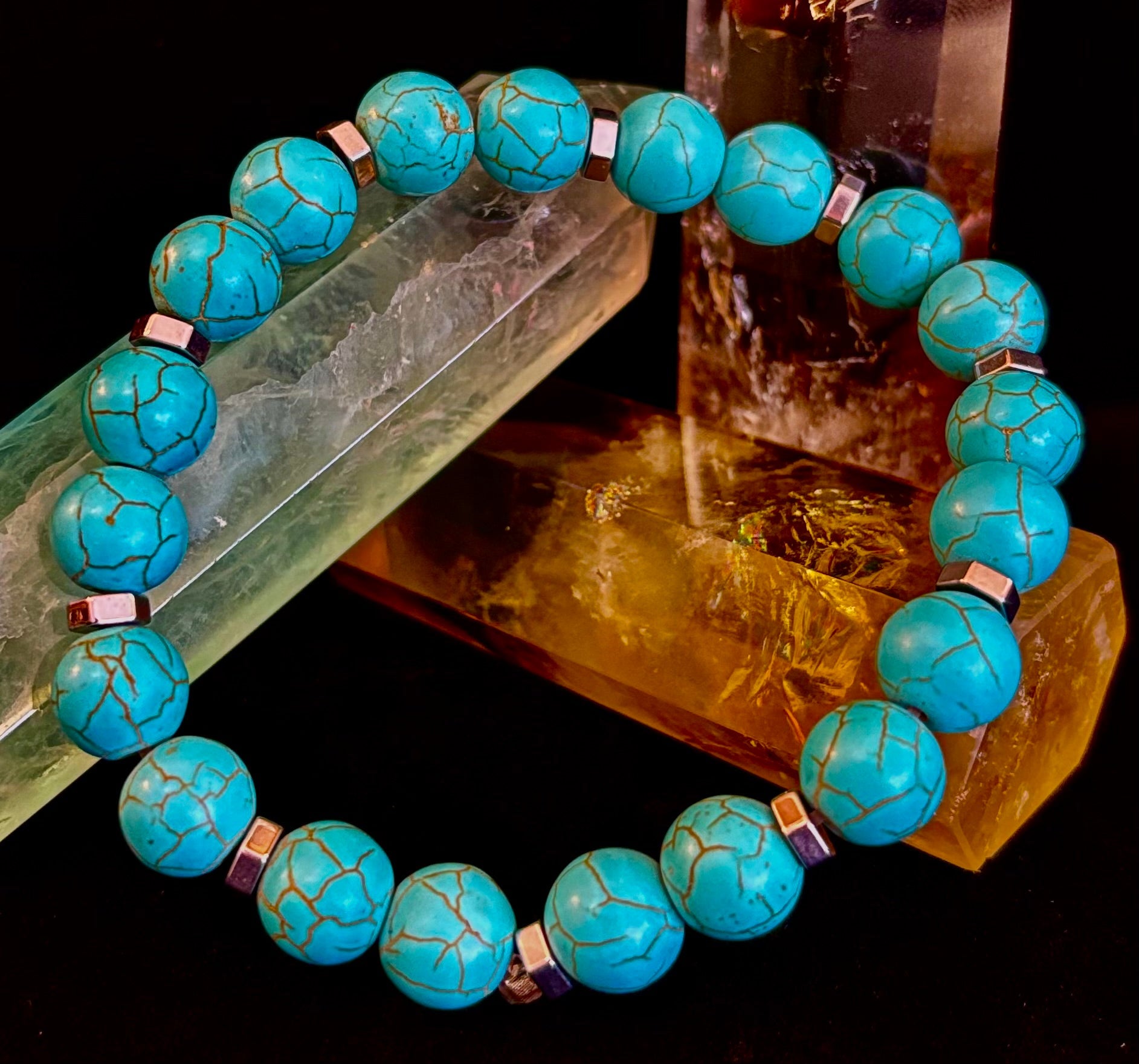 Turquoise Howlite Bracelet with Silver Spacers — Handmade Stretch