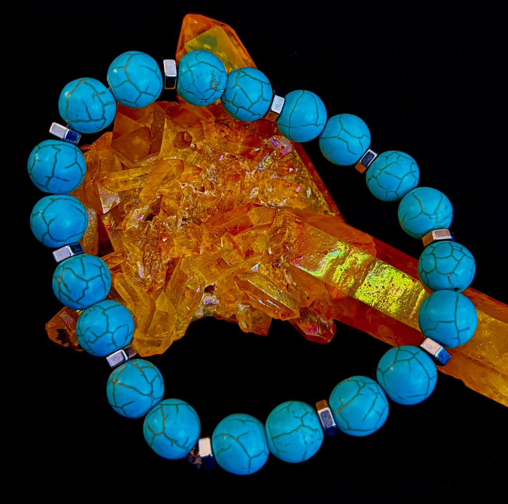 Turquoise Howlite Bracelet with Silver Spacers — Handmade Stretch