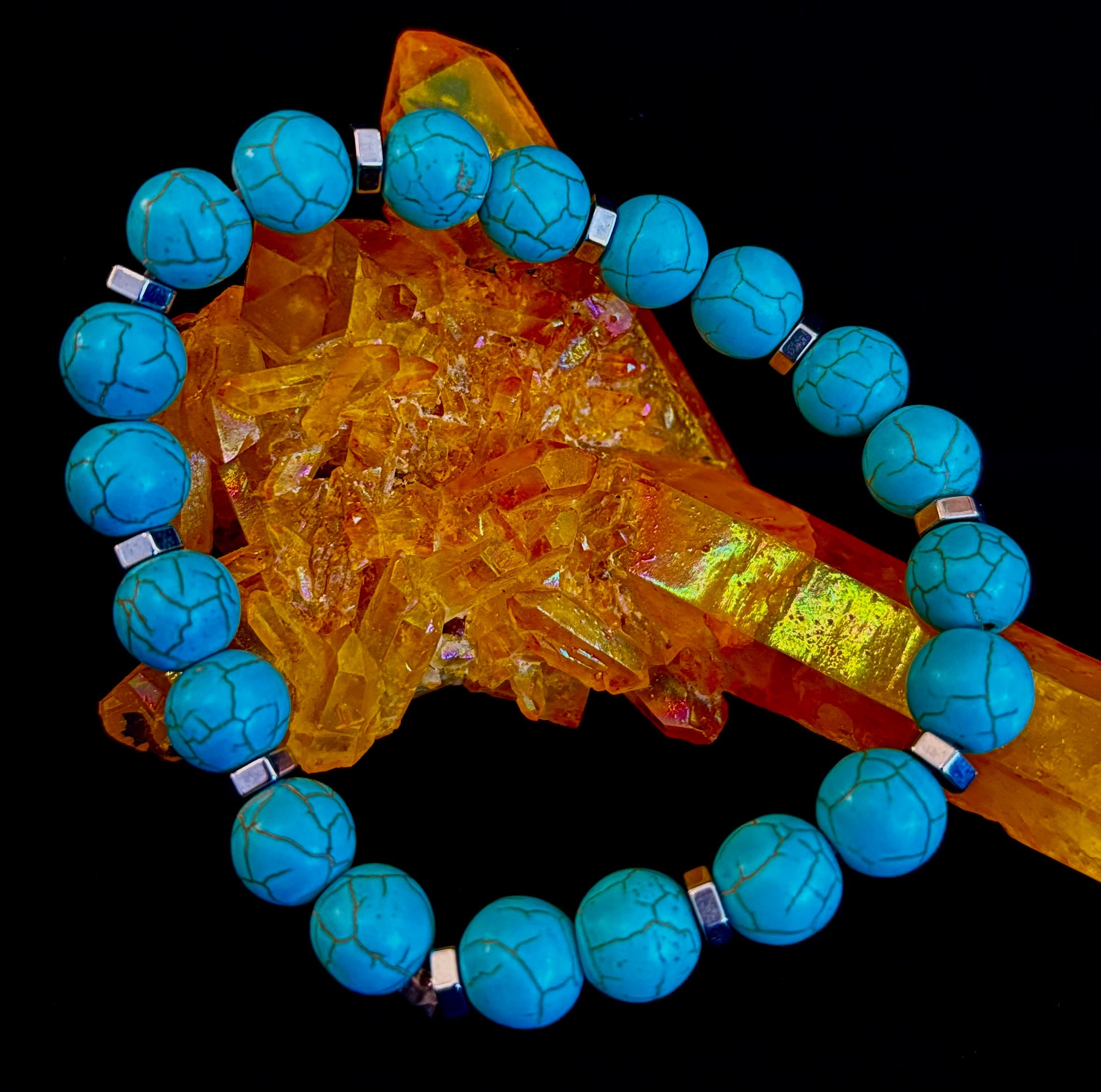 Turquoise Howlite Bracelet with Silver Spacers — Handmade Stretch