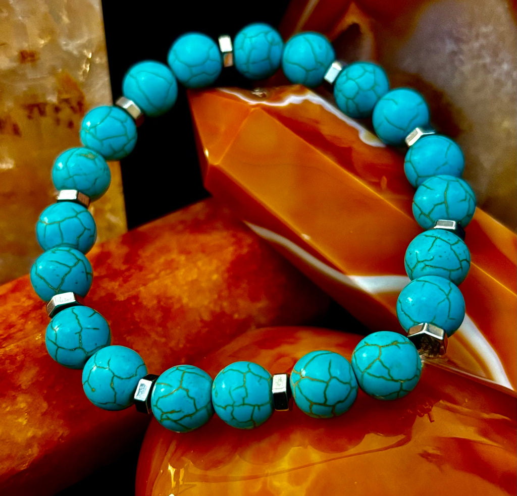 Turquoise Howlite Bracelet with Silver Spacers — Handmade Stretch