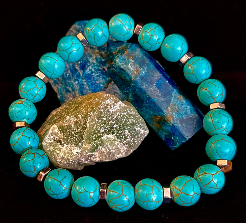 Turquoise Howlite Bracelet with Silver Spacers — Handmade Stretch